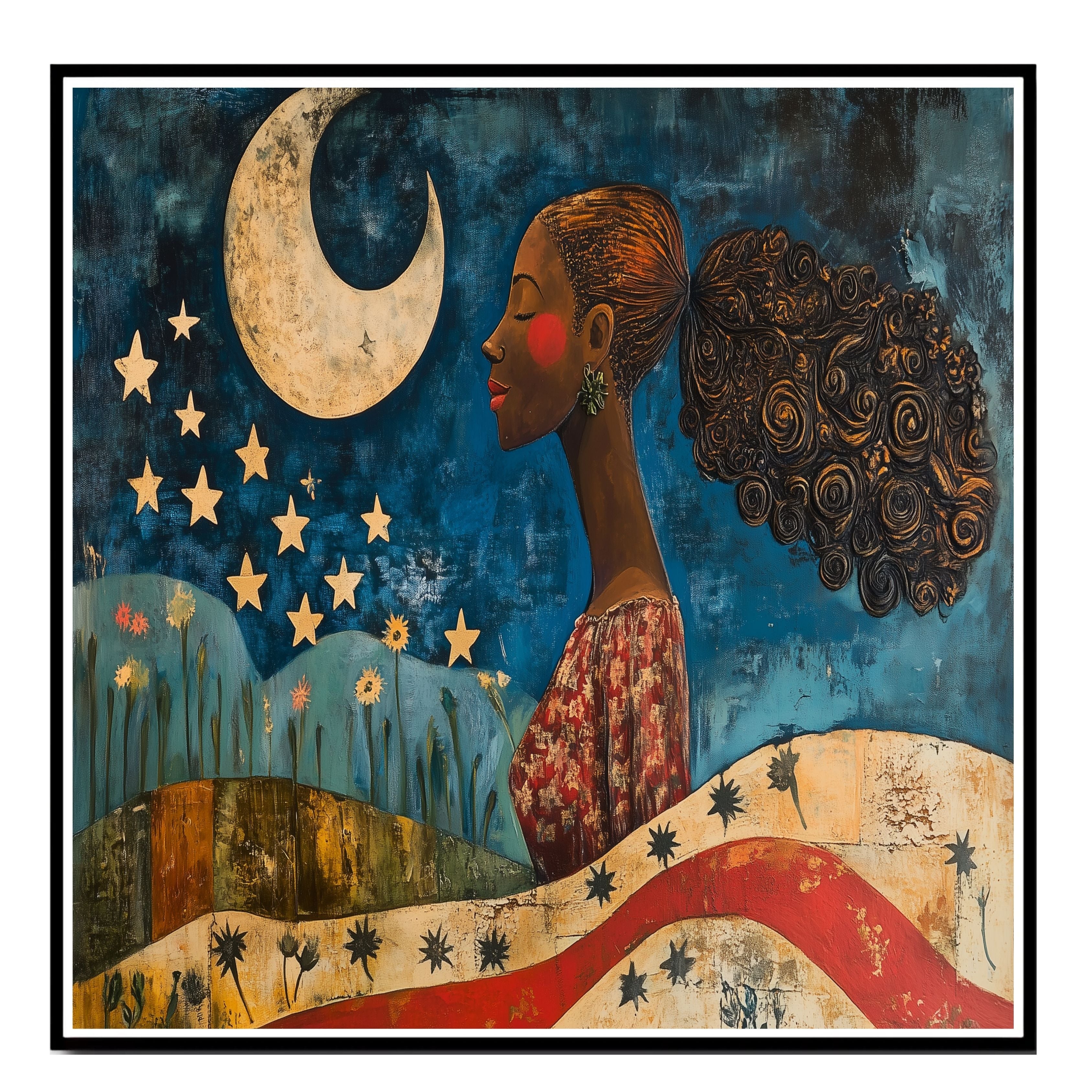 Powerful Woman Under Crescent Moon and Stars with Patriotic Motif, Folk Art Style 4th of July Scene Celebrating Strength, Nature, and Freedom on Ready to Hang 1.5" Thick Canvas Wrap, Floating Framed Canvas, Flat Rolled Canvas