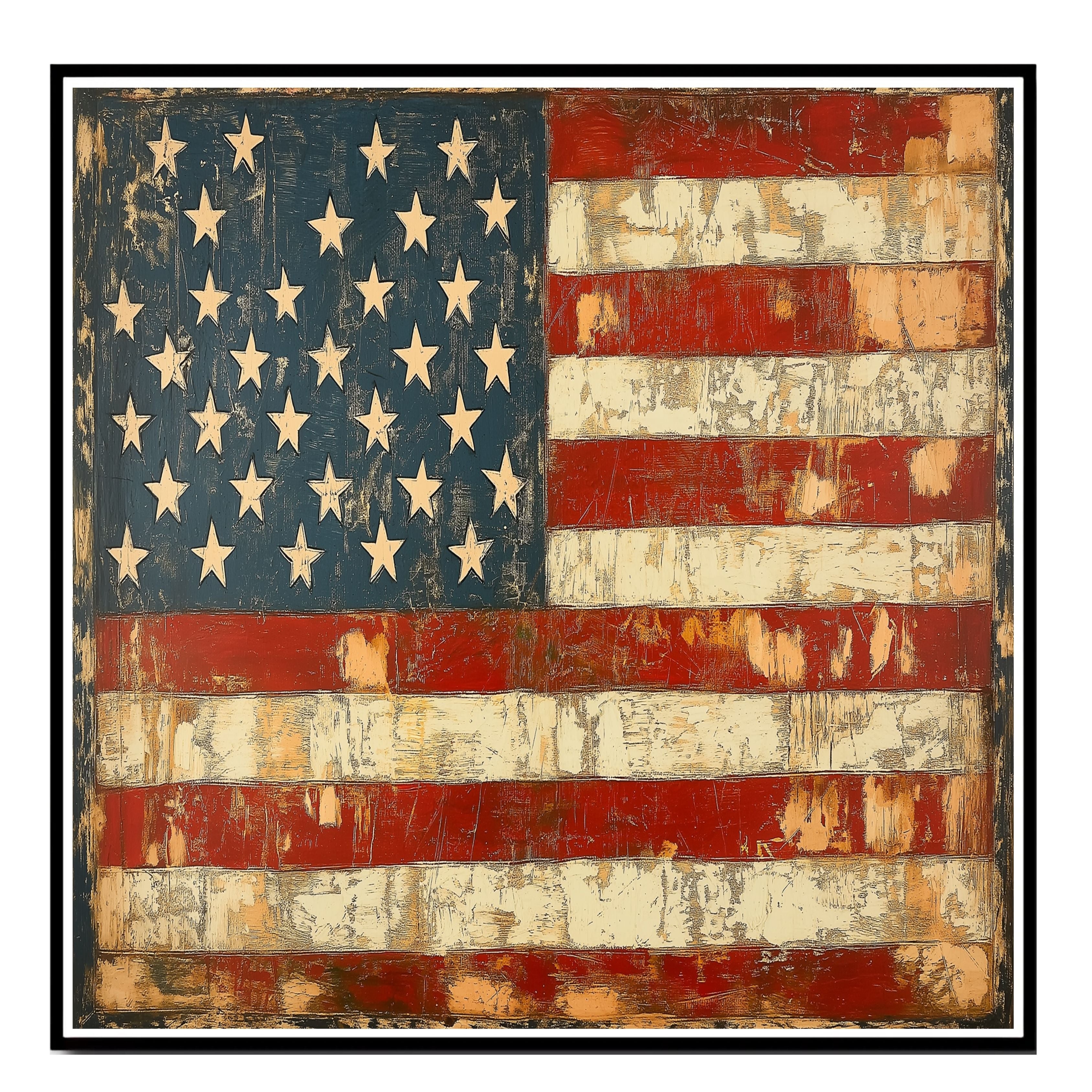 Rustic American Flag in Vintage Folk Art Style with Distressed Texture, Aged Red White and Blue Stripes, and Weathered Stars for Timeless Patriotic Charm on Ready to Hang 1.5" Thick Canvas Wrap, Floating Framed Canvas, Flat Rolled Canvas