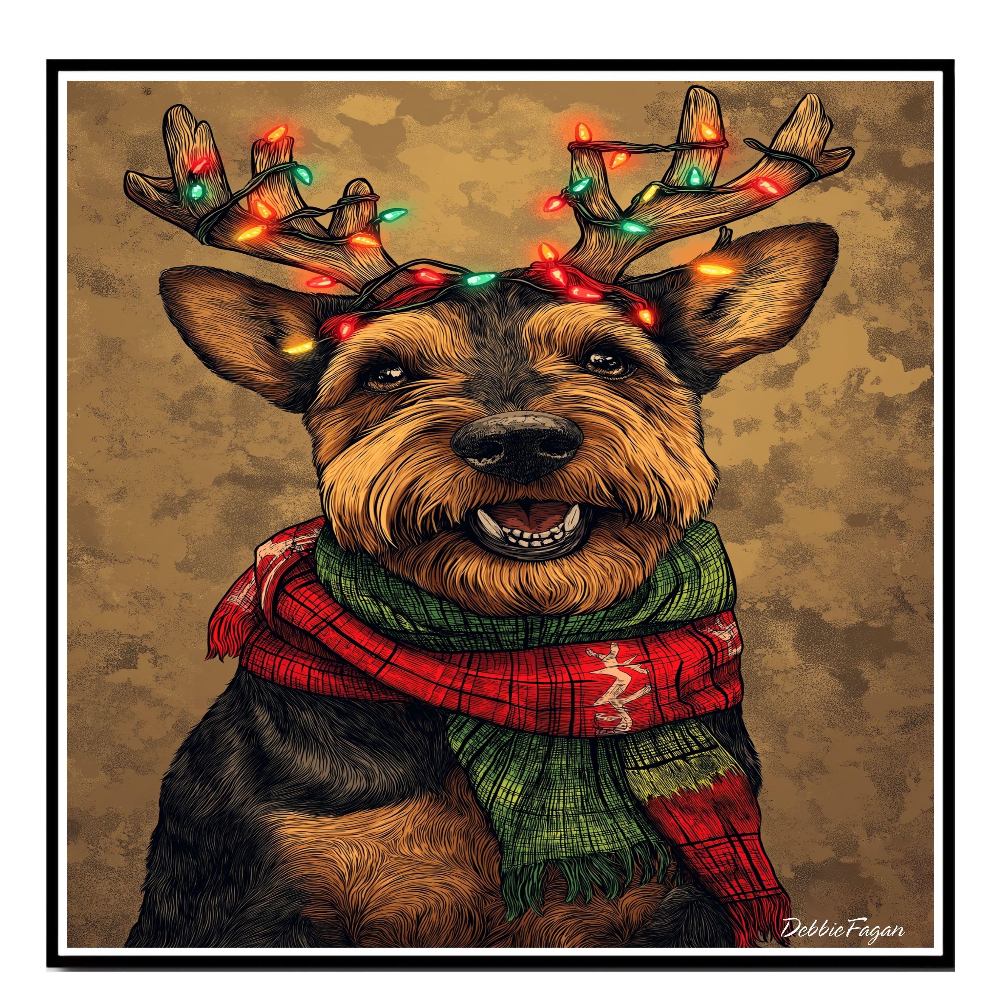 Airedale Holiday Cheer - 'Festive Fuzz' - Airedale Dog with Lit Antler Headband & Cozy Scarf on Rustic Background, Ready to Hang 1.5" Thick Canvas Wrap, Floating Framed Canvas, Flat Rolled Canvas