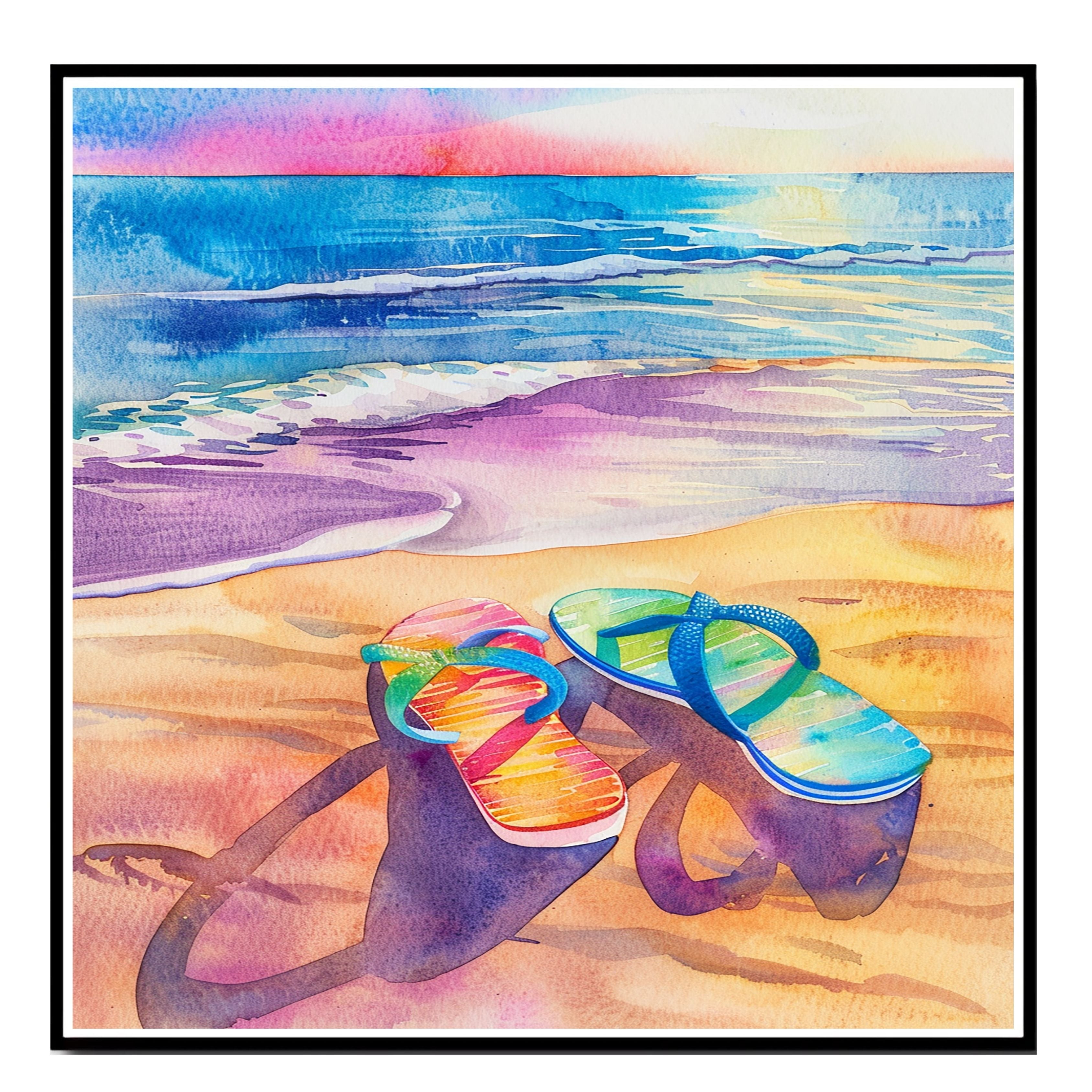 Colorful Flip-Flops on Sandy Beach Watercolor Painting with Ocean Waves and Sunset Sky in Vibrant Summer Style on Ready to Hang 1.5" Thick Canvas Wrap, Floating Framed Canvas, Flat Rolled Canvas