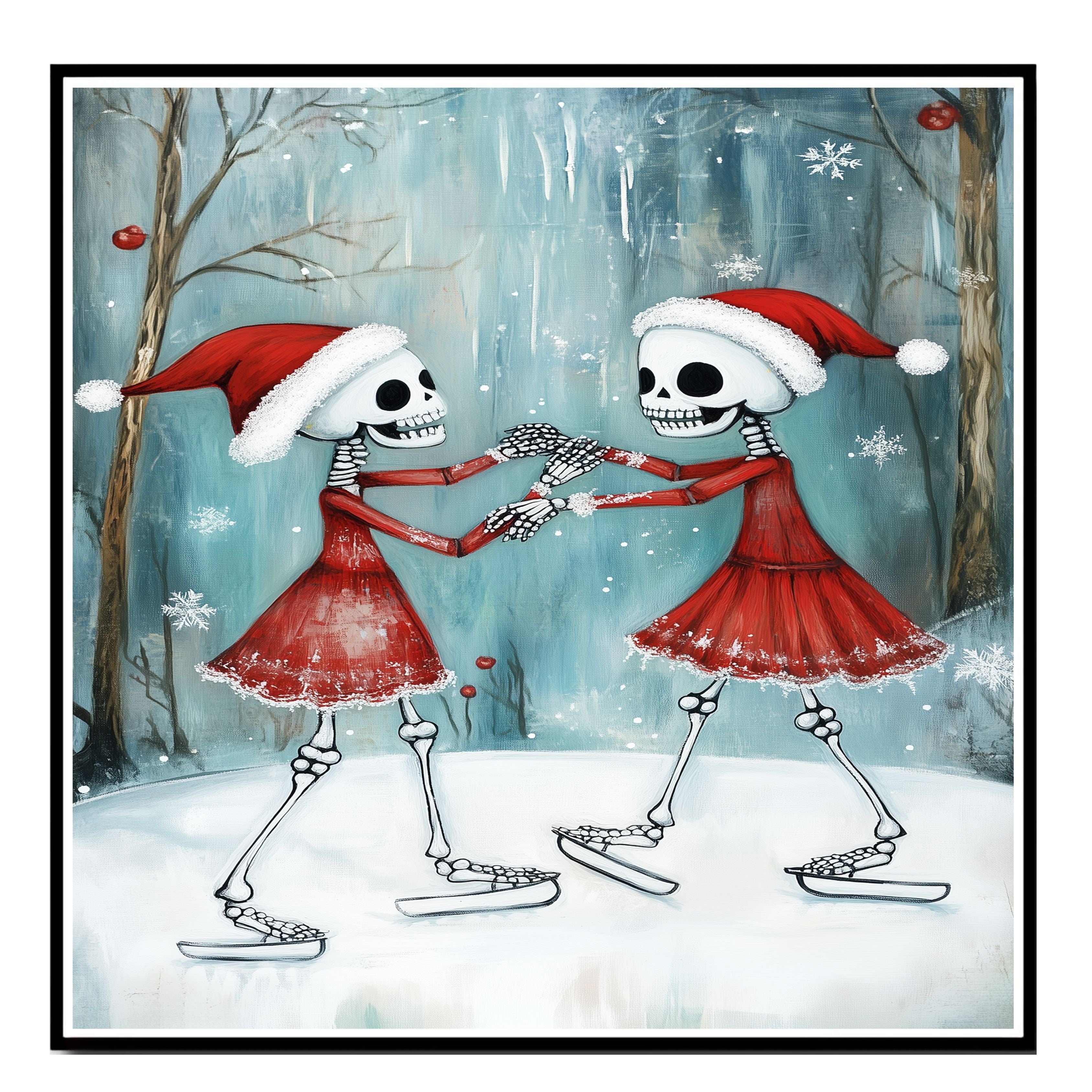Whimsical Skeleton Ice Skating Christmas Art – Festive Gothic Winter Decor with Dancing Skeletons in Red Dresses and Santa Hats, Spooky Cute Holiday Wall Print on Ready to Hang 1.5" Thick Canvas Wrap, Floating Framed Canvas, Flat Rolled Canvas