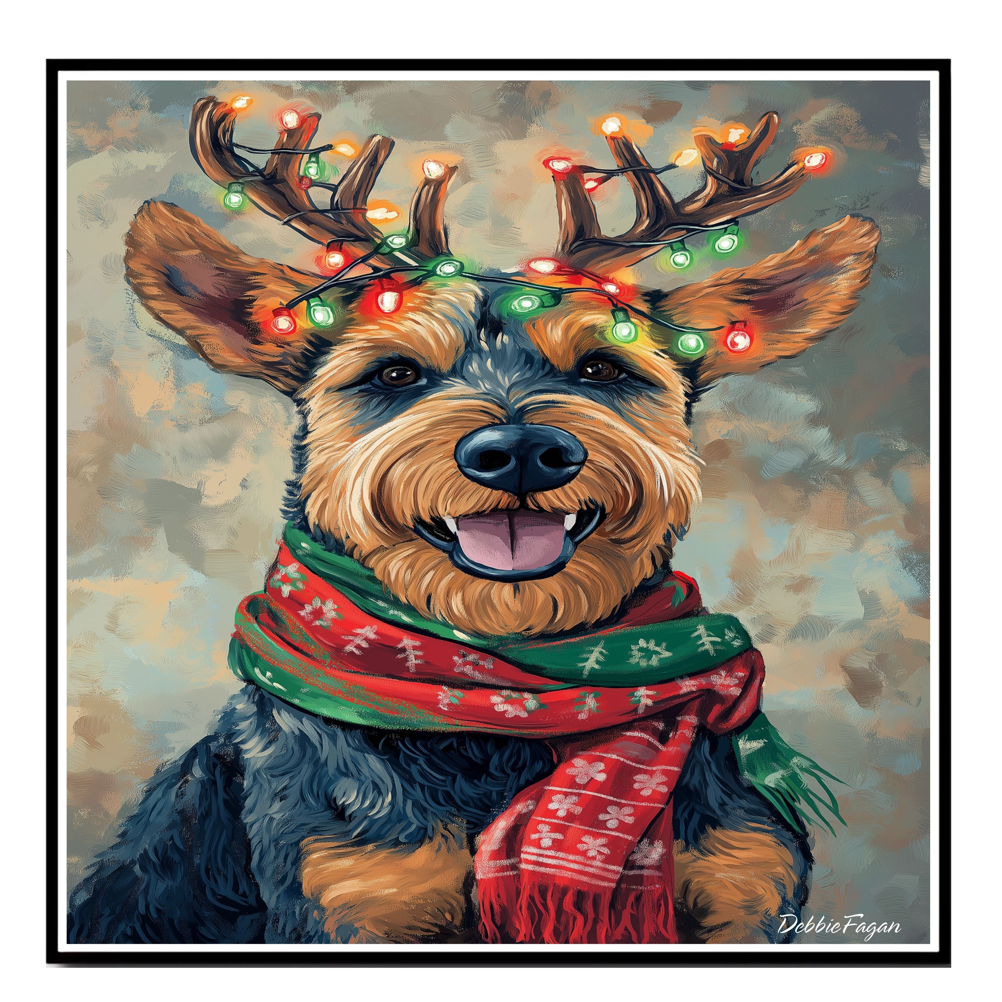 Airedale Joy - 'Antler Glow' - Airedale Terrier with Christmas Lights & Cozy Scarf on Rustic Background, Ready to Hang 1.5" Thick Canvas Wrap, Floating Framed Canvas, Flat Rolled Canvas