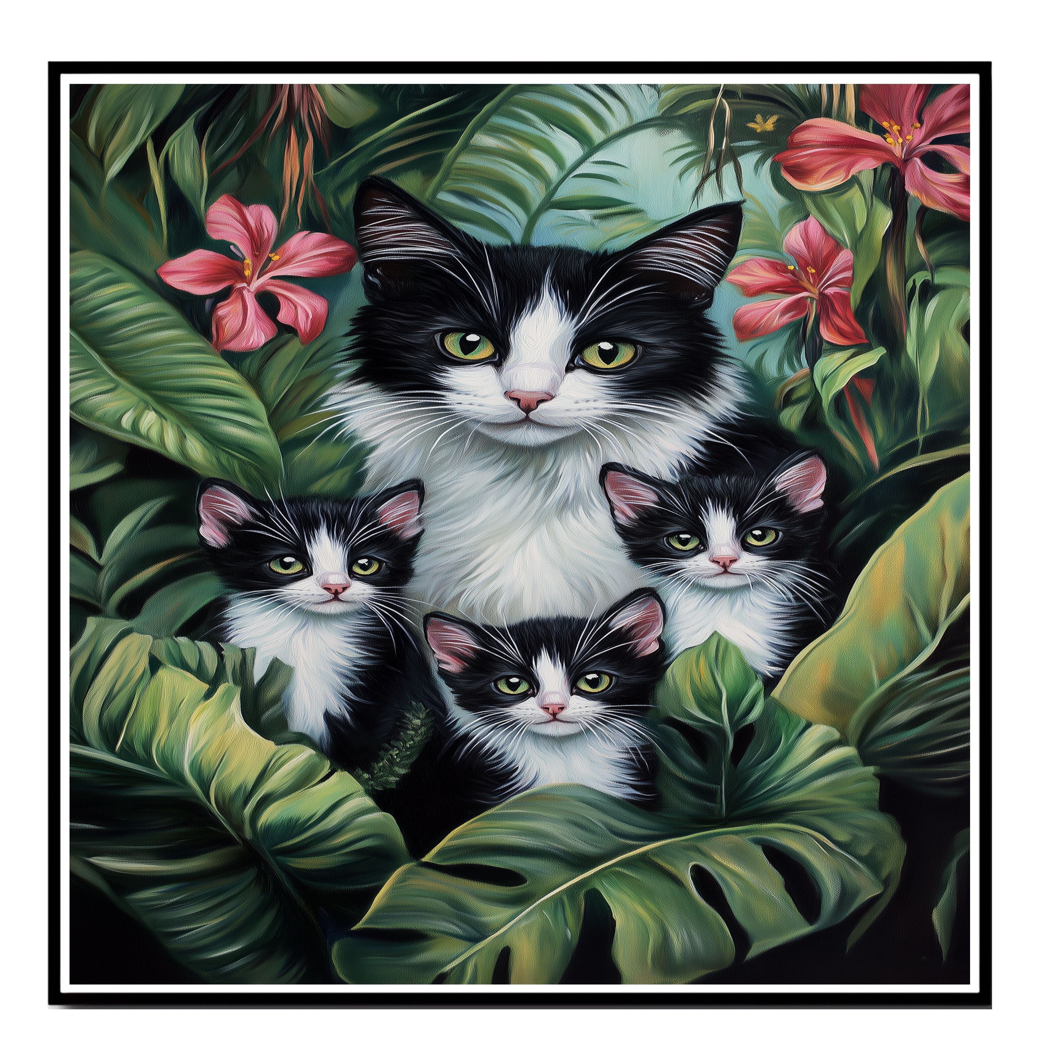 Paradise Paws: Tuxedo Mom and Three Kittens in a Tropical Forest on Ready to Hang 1.5" Thick Canvas Wrap, Floating Framed Canvas, Flat Rolled Canvas