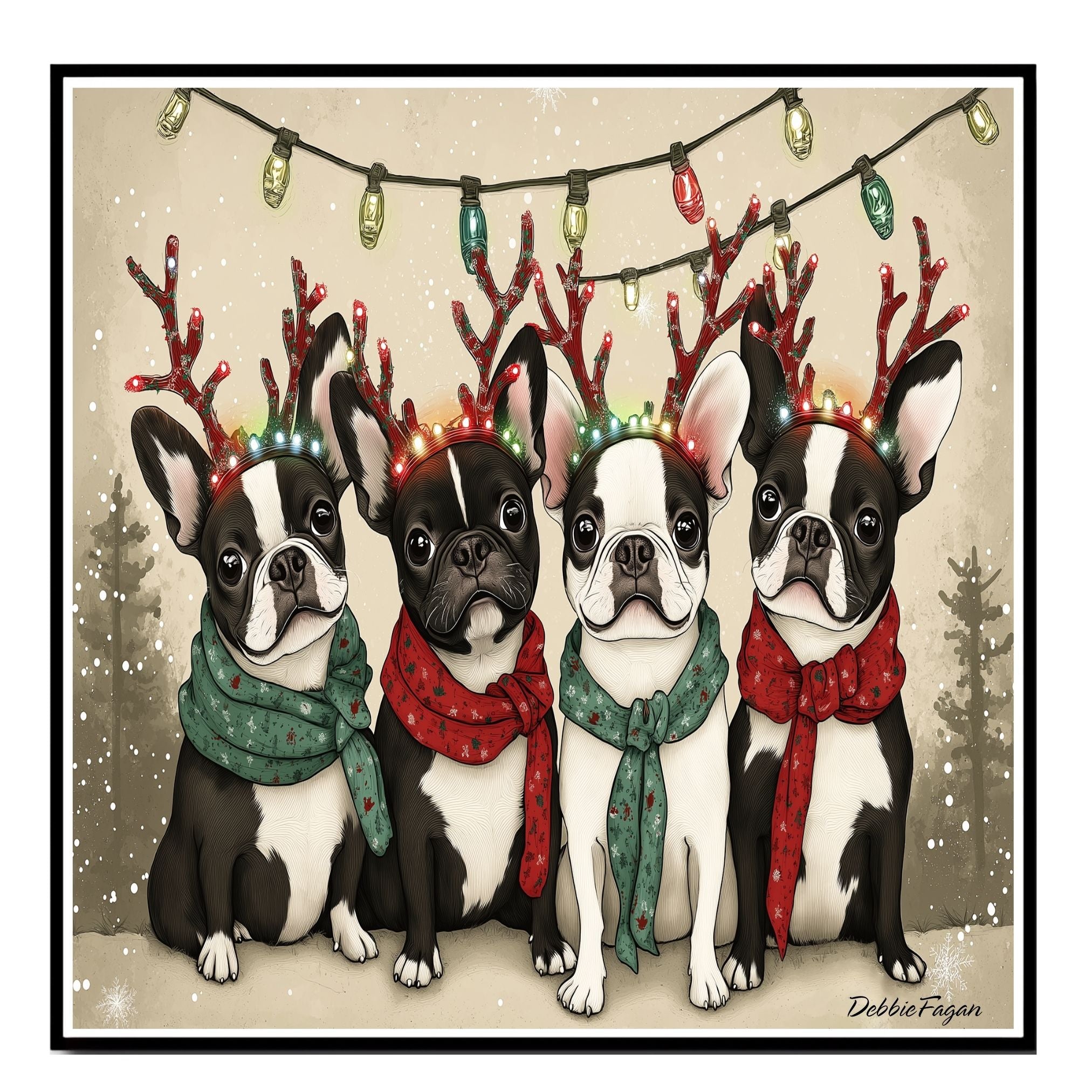 French Bulldogs Christmas Canvas - "Frenchie Bliss" - Wearing Colorful Bulb Reindeer Antlers on Snowy Background on Ready to Hang 1.5" Thick Canvas Wrap, Floating Framed Canvas, Flat Rolled Canvas