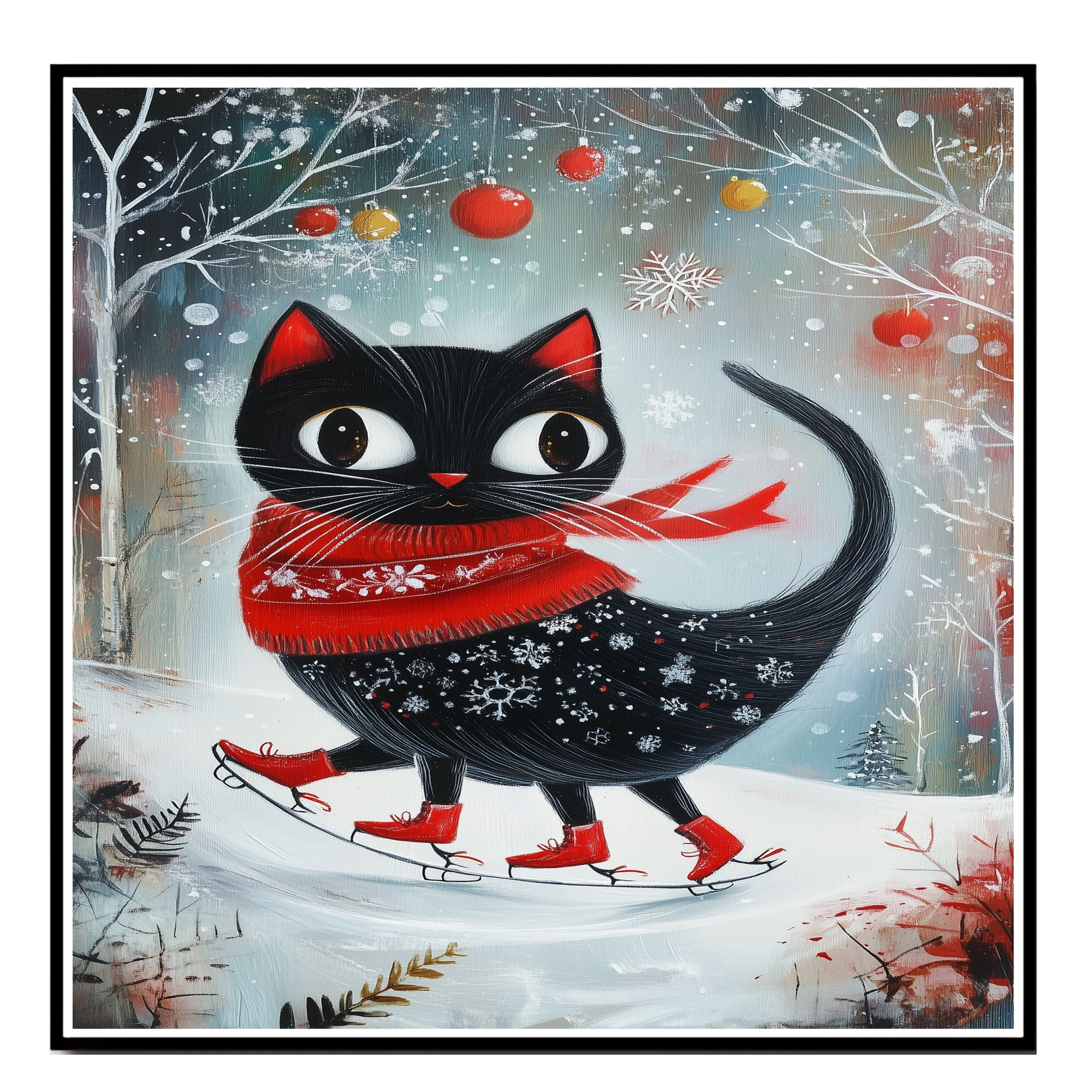 Christmas Wall Art Featuring Big-Eyed Black Cat Ice Skating in Snowy Forest with Red Scarf and Boots Whimsical Holiday Illustration for Winter Decor and Cat Lovers on Ready to Hang 1.5" Thick Canvas Wrap, Floating Framed Canvas, Flat Rolled Canvas