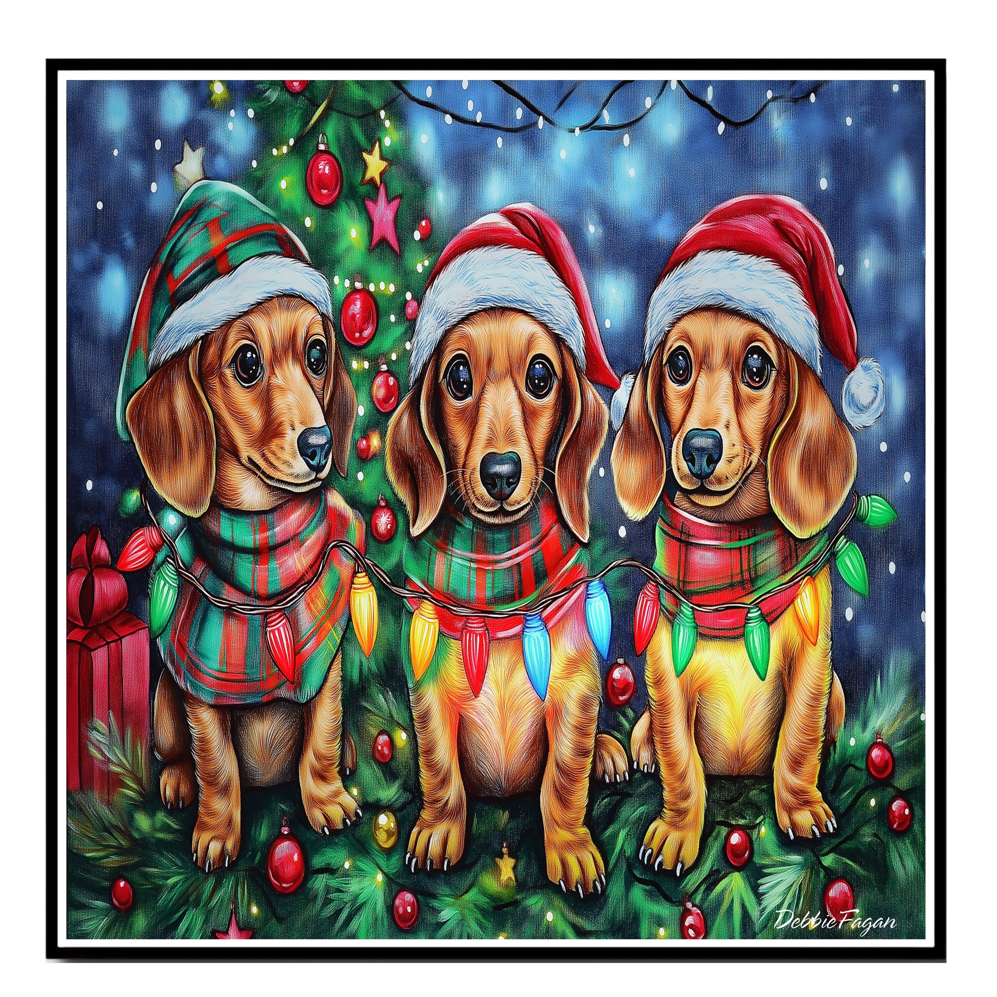 Doxie Christmas Canvas - "Wiener Wonder" - Festive Pups in Cozy Winter Wear Dressed with Twinkling Christmas Lights on Ready to Hang 1.5" Thick Canvas Wrap, Floating Framed Canvas, Flat Rolled Canvas