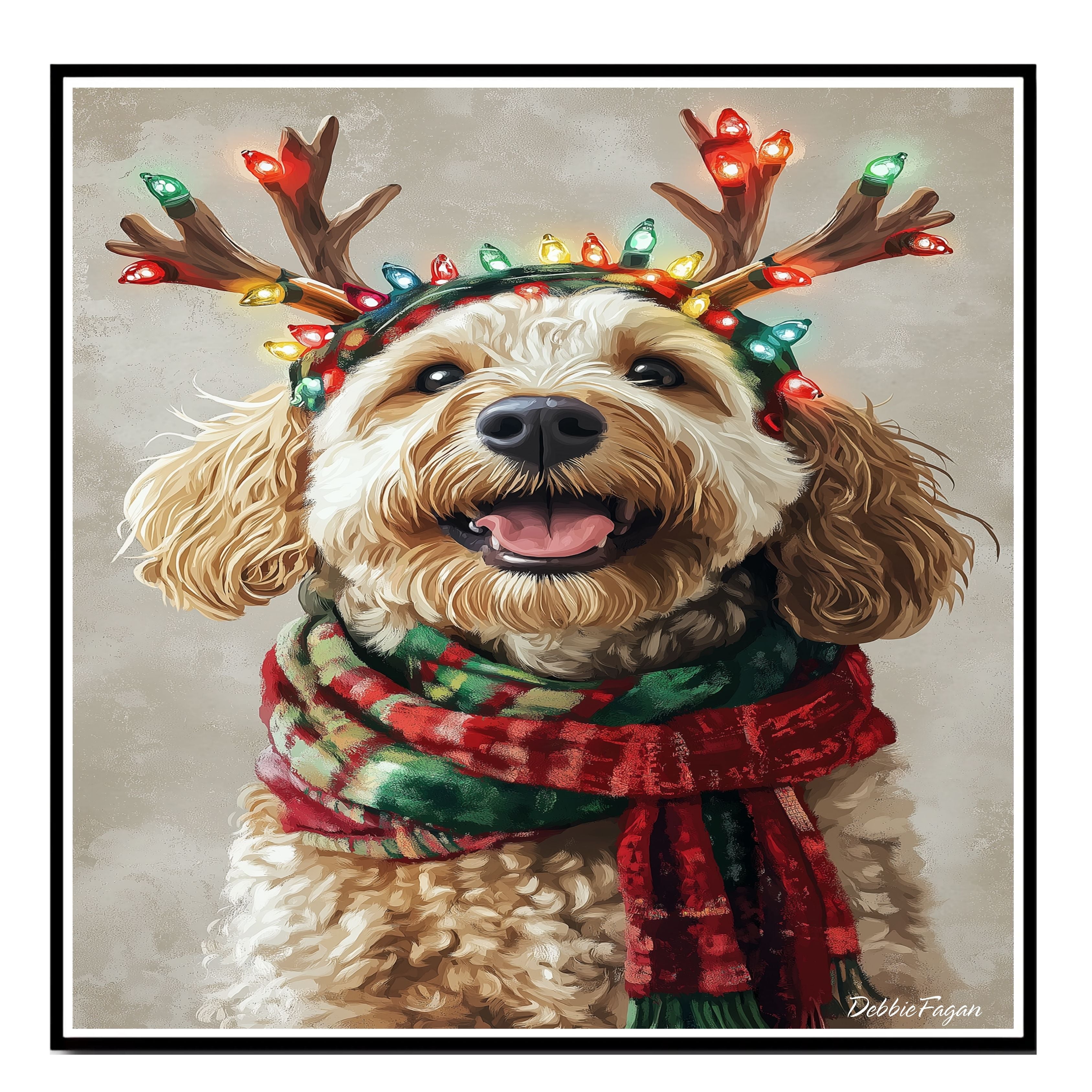 Rustic Joy' - Bernedoodle Dog with Lighted Antlers & Cozy Scarf on Rustic Canvas, Ready to Hang 1.5" Thick Canvas Wrap, Floating Framed Canvas, Flat Rolled Canvas