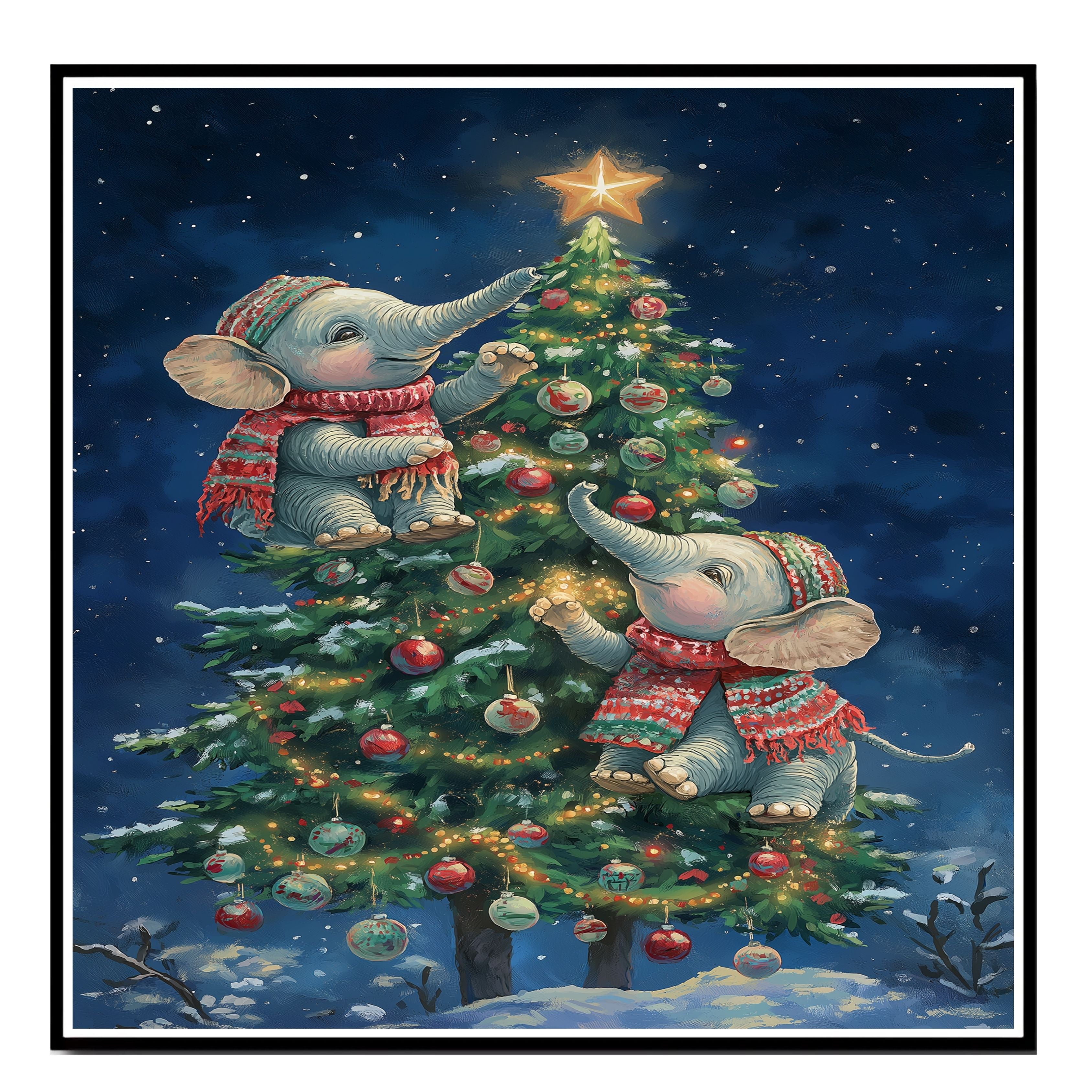 Christmas Baby Elephants Decorating Tree with Star and Ornaments in Snowy Night Scene Holiday Art Print for Nursery or Cozy Winter Home Decor on Ready to Hang 1.5" Thick Canvas Wrap, Floating Framed Canvas, Flat Rolled Canvas
