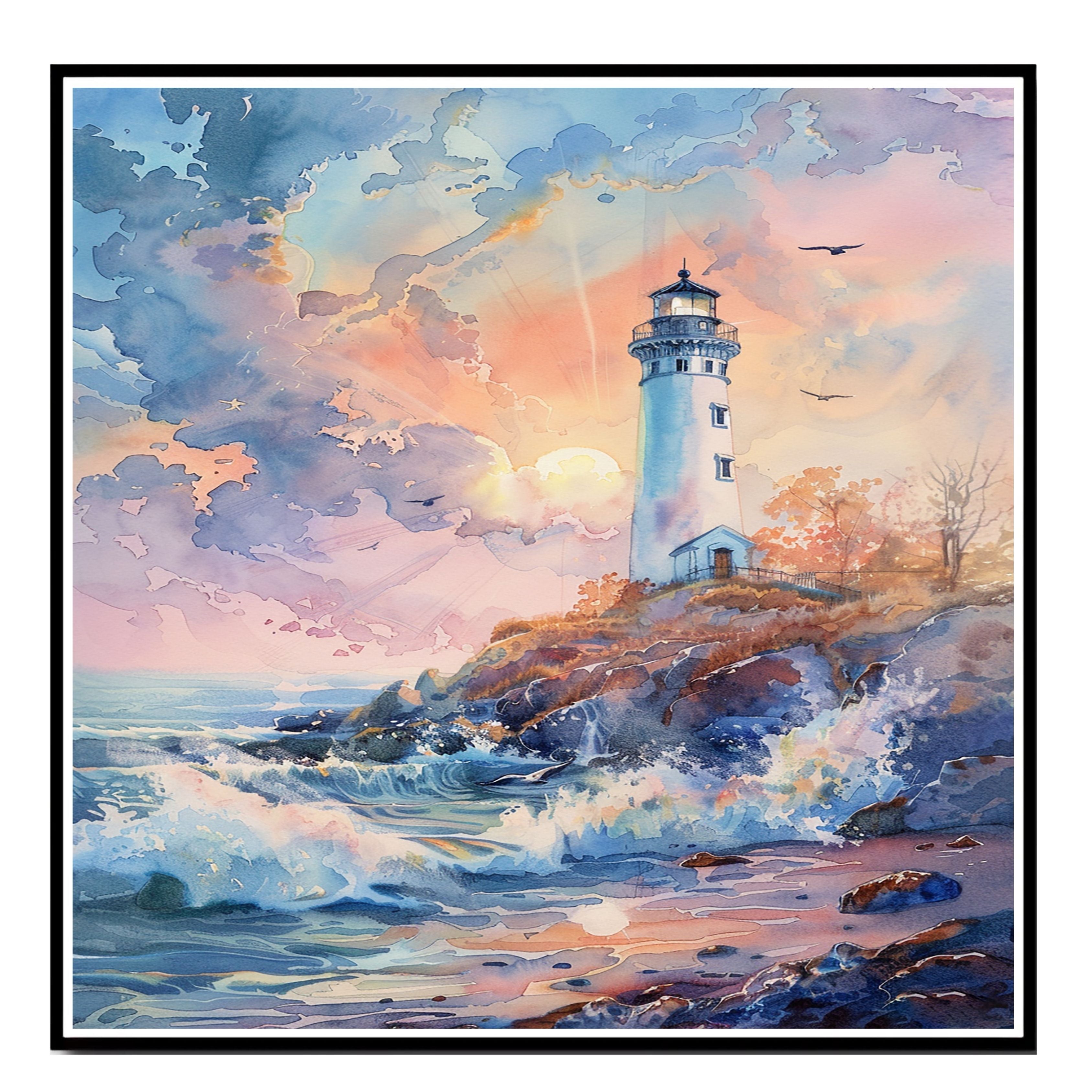 Majestic Lighthouse on Rocky Shore at Sunrise with Crashing Waves and Radiant Sky in Serene Watercolor Nautical Scene on Ready to Hang 1.5" Thick Canvas Wrap, Floating Framed Canvas, Flat Rolled Canvas