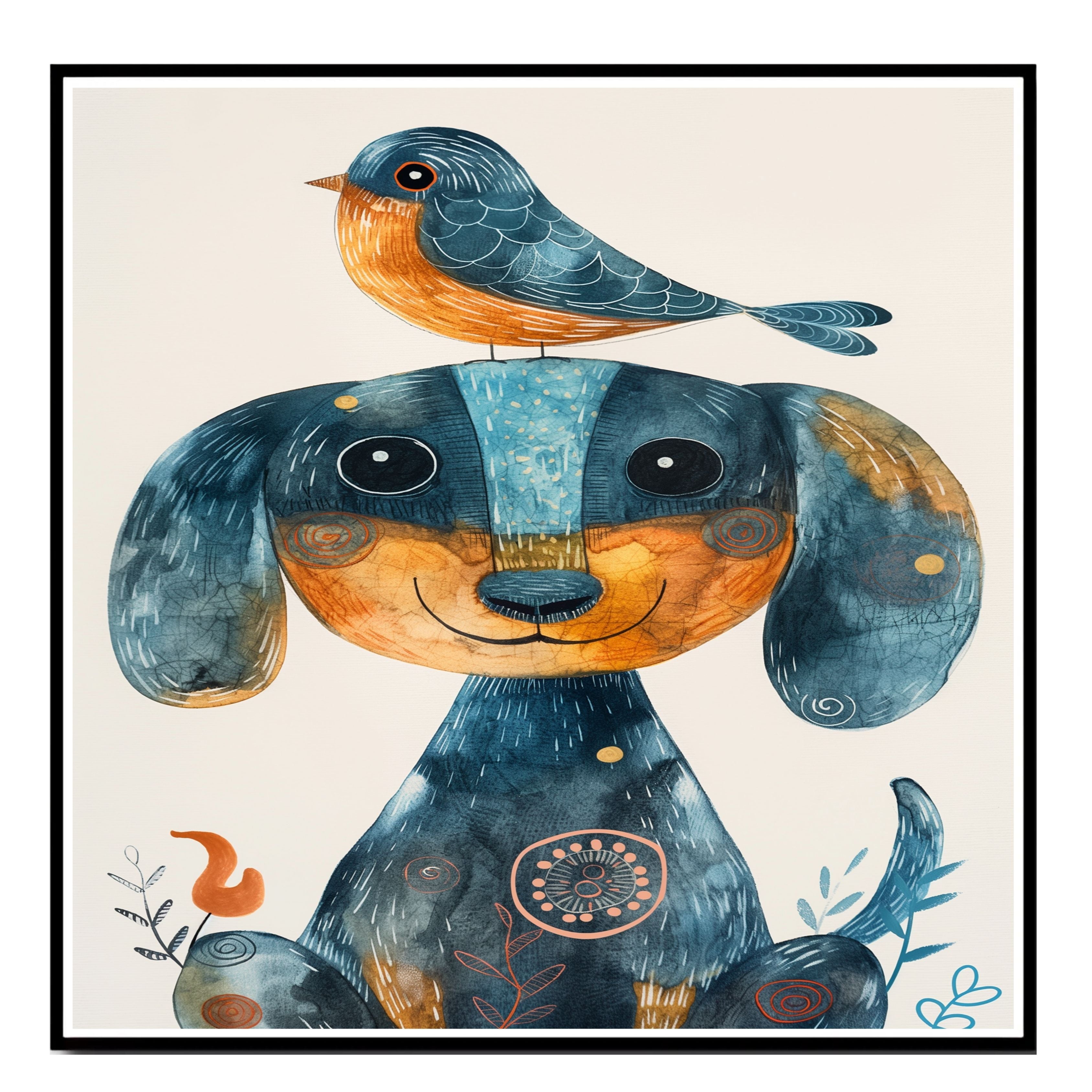 Whimsical Dachshund Dog with Blue Bird on Head Colorful Folk Style Animal Illustration for Kids Room or Nursery Perfect for Dog and Bird Art Lovers