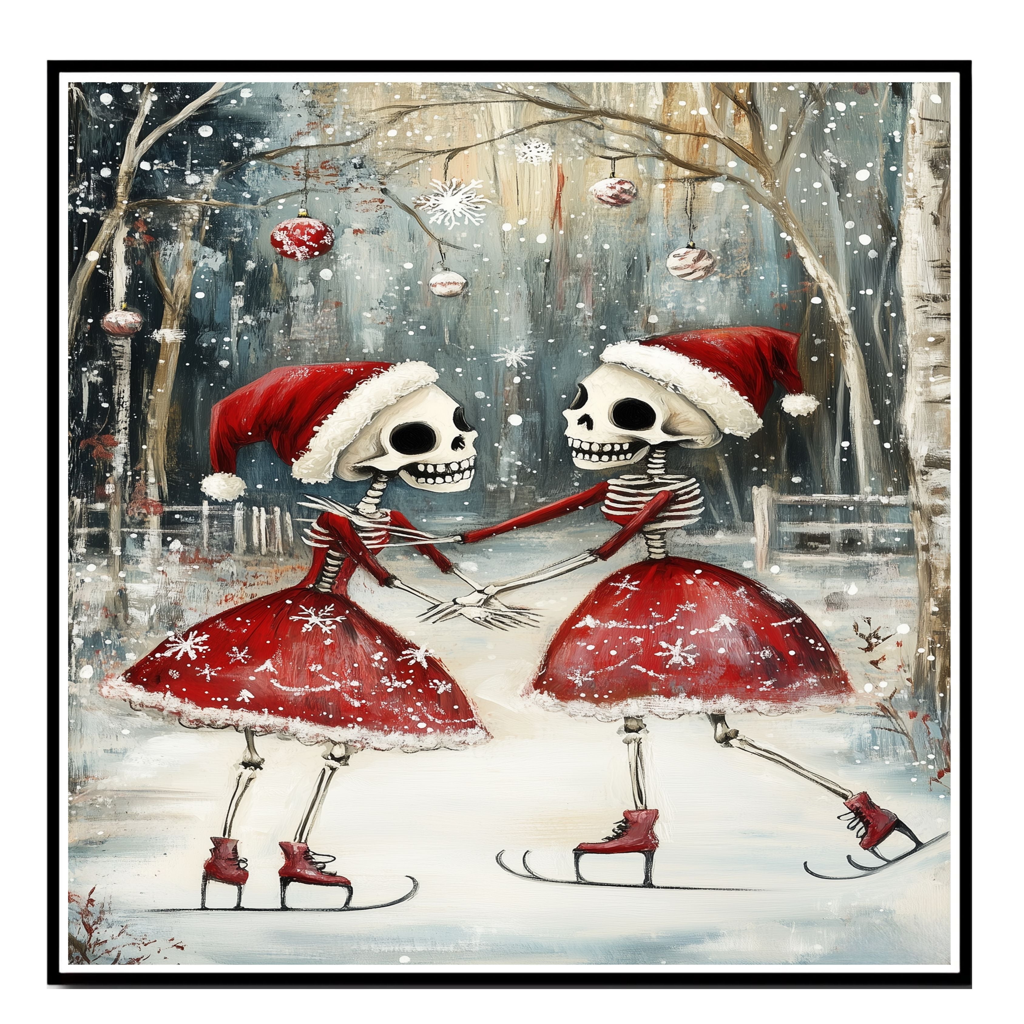 Whimsical Skeleton Ice Skating Christmas Print – Gothic Holiday Art with Dancing Skeletons in Santa Hats, Spooky Winter Scene, Quirky Festive Wall Decor on Ready to Hang 1.5" Thick Canvas Wrap, Floating Framed Canvas, Flat Rolled Canvas
