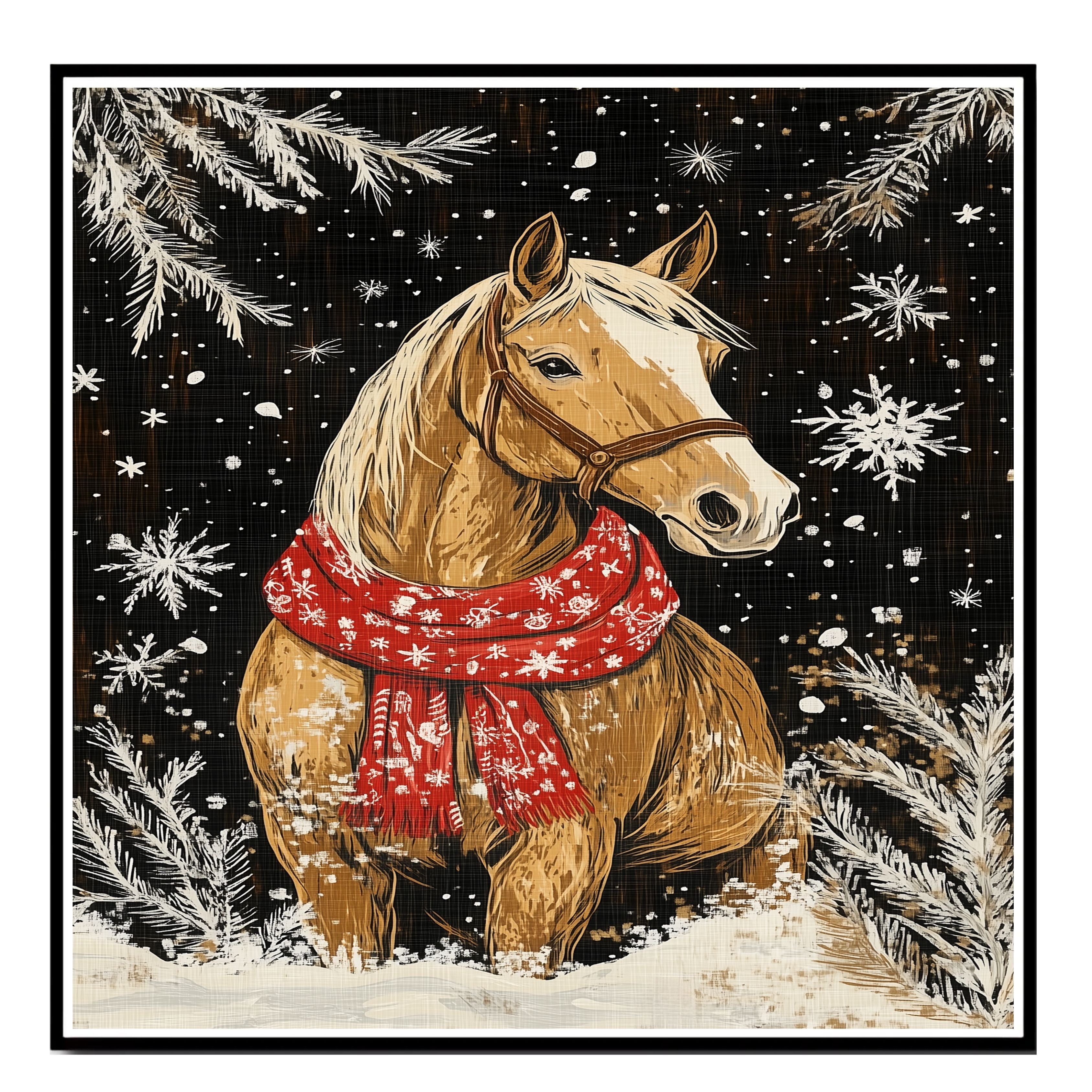 "Snowy Elegance Horse" - Horse in Red Scarf Amidst Winter Snow on Ready to Hang 1.5" Thick Canvas Wrap, Floating Framed Canvas, Flat Rolled Canvas