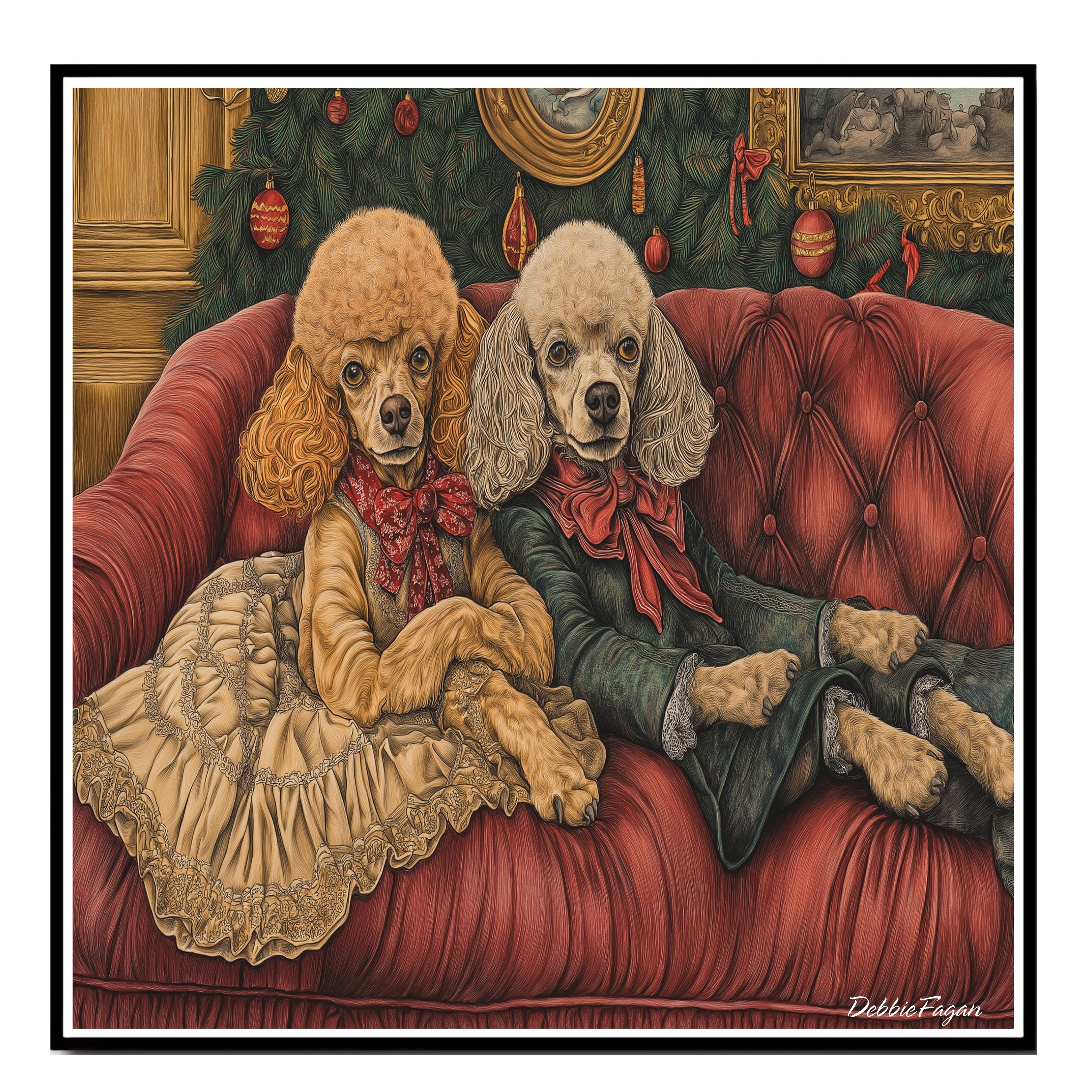 Dog Christmas Canvas  - "Poodle Pampering" - Elegant Poodles Lounging on a Vintage Red Ornate Sofa on Ready to Hang 1.5" Thick Canvas Wrap, Floating Framed Canvas, Flat Rolled Canvas