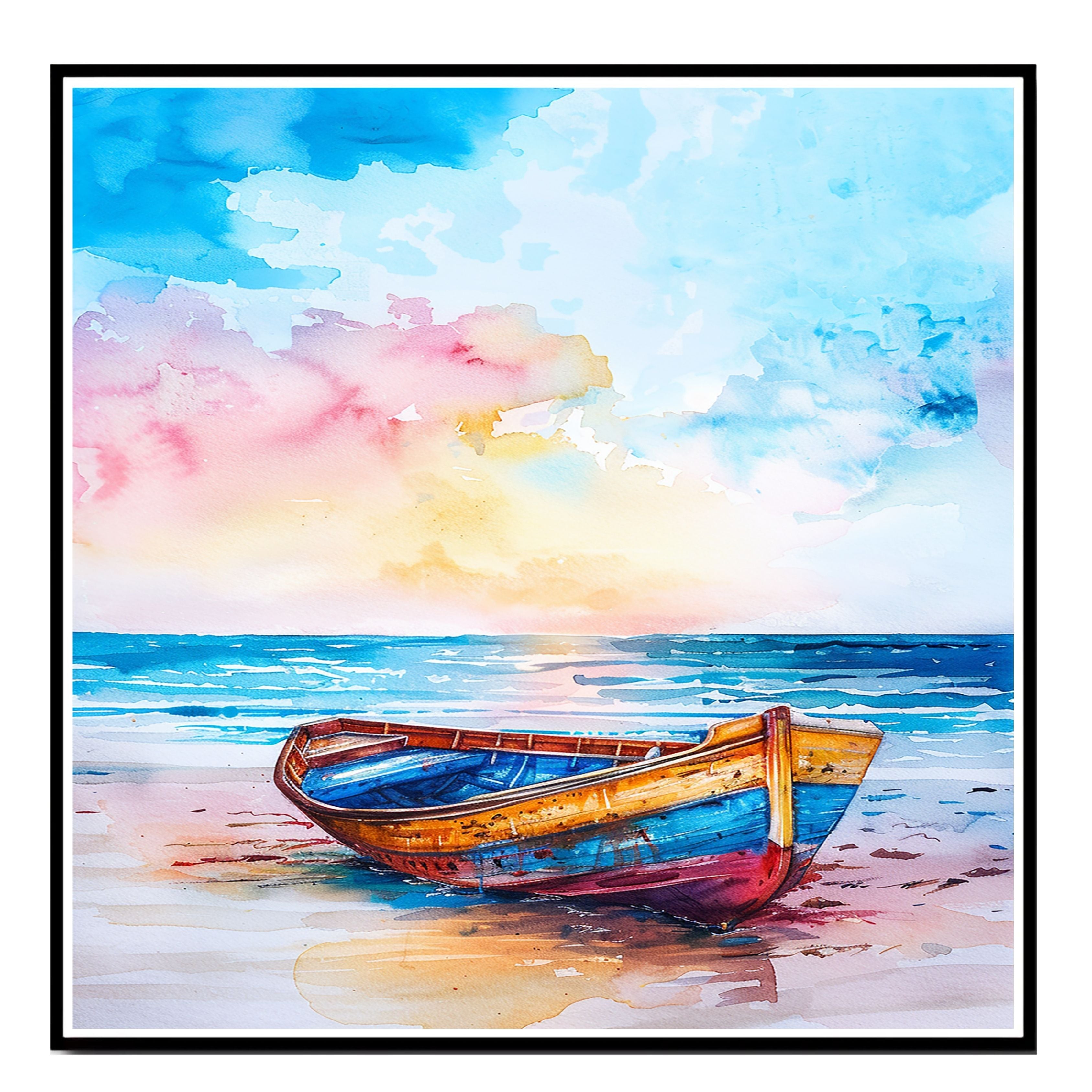 Watercolor Painting of Colorful Wooden Boat on Sandy Shore with Ocean View and Bright Sky in Soft Blue Pink and Yellow Tones on Ready to Hang 1.5" Thick Canvas Wrap, Floating Framed Canvas, Flat Rolled Canvas