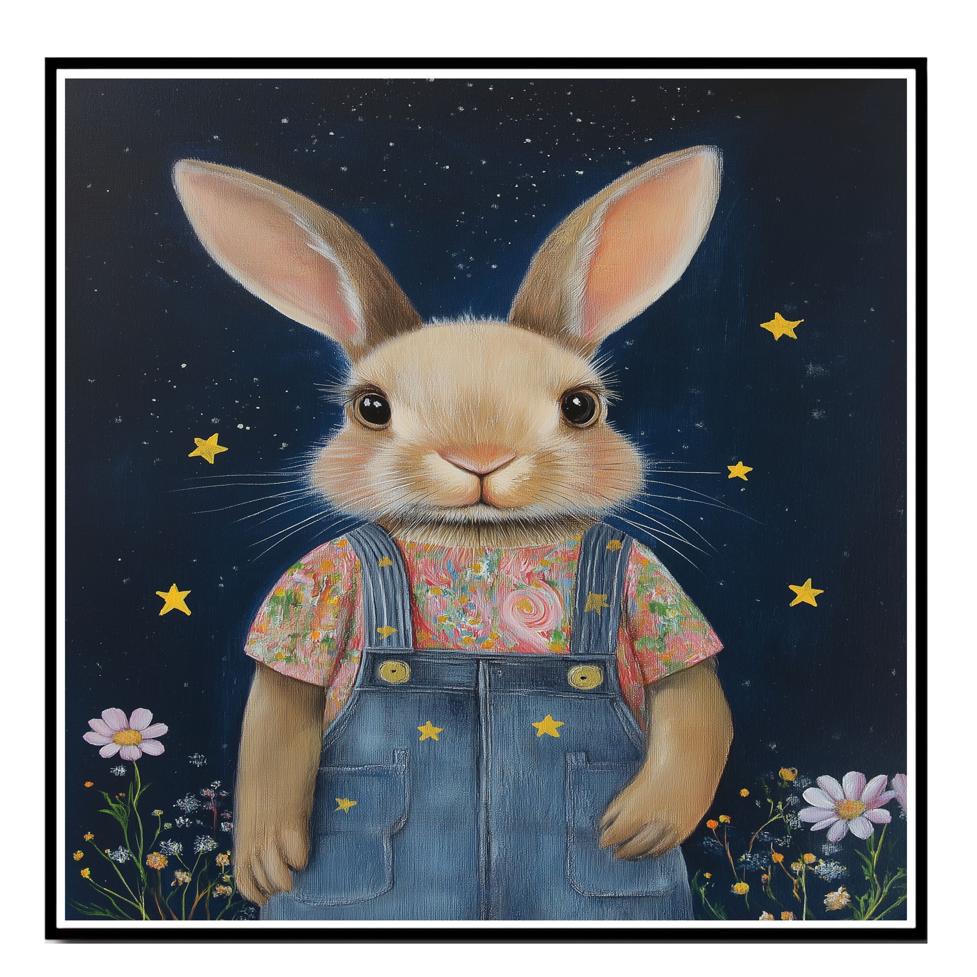 Cute Bunny in Overalls with Floral Shirt Hand Painted Art Whimsical Starry Night Scene Perfect for Home Wall Decor Nursery Kids Room Bedroom or Gift on Ready to Hang 1.5" Thick Canvas Wrap, Floating Framed Canvas, Flat Rolled Canvas