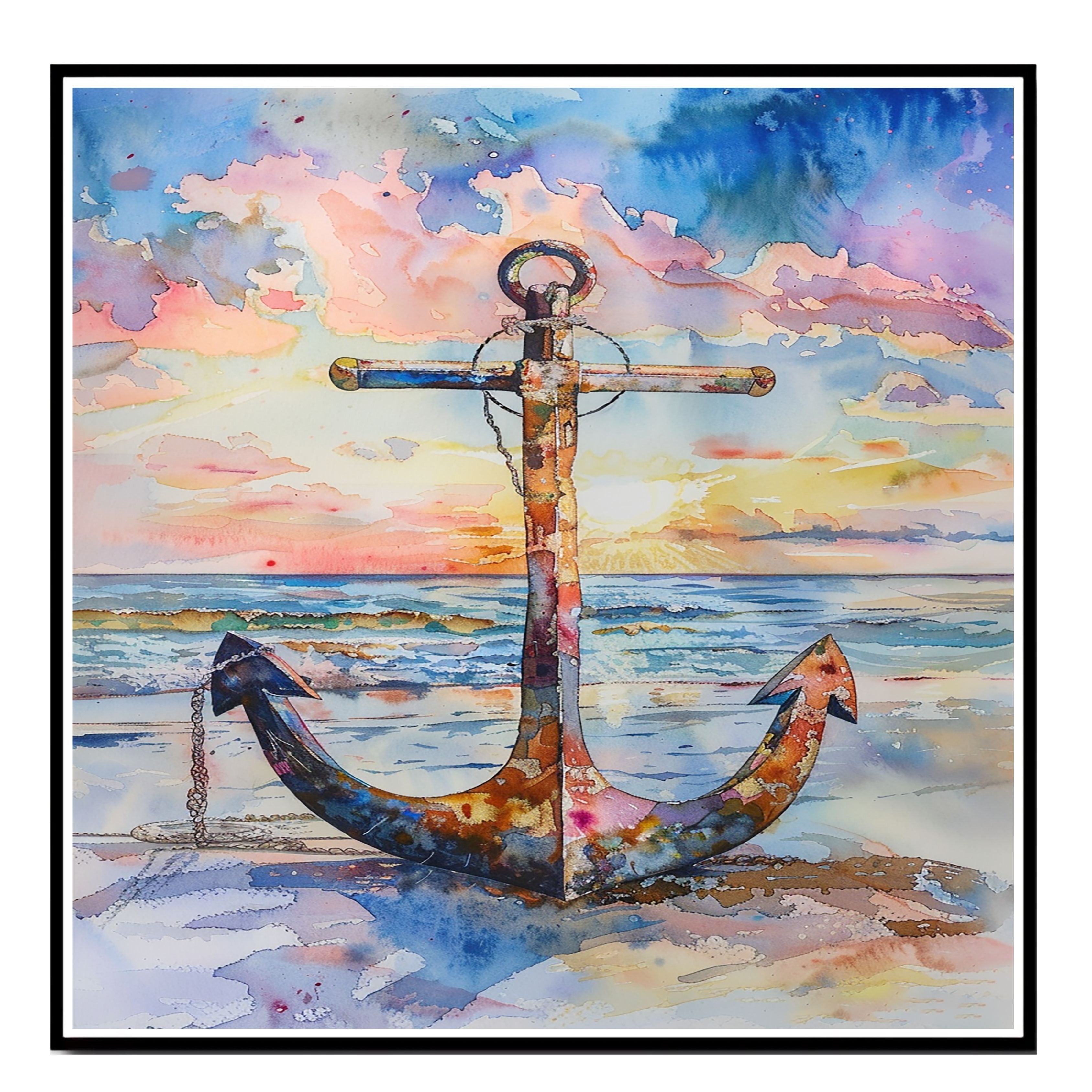 Watercolor Painting of a Multicolored Anchor on the Beach at Sunset with Ocean Waves and Vibrant Sky Background on Ready to Hang 1.5" Thick Canvas Wrap, Floating Framed Canvas, Flat Rolled Canvas