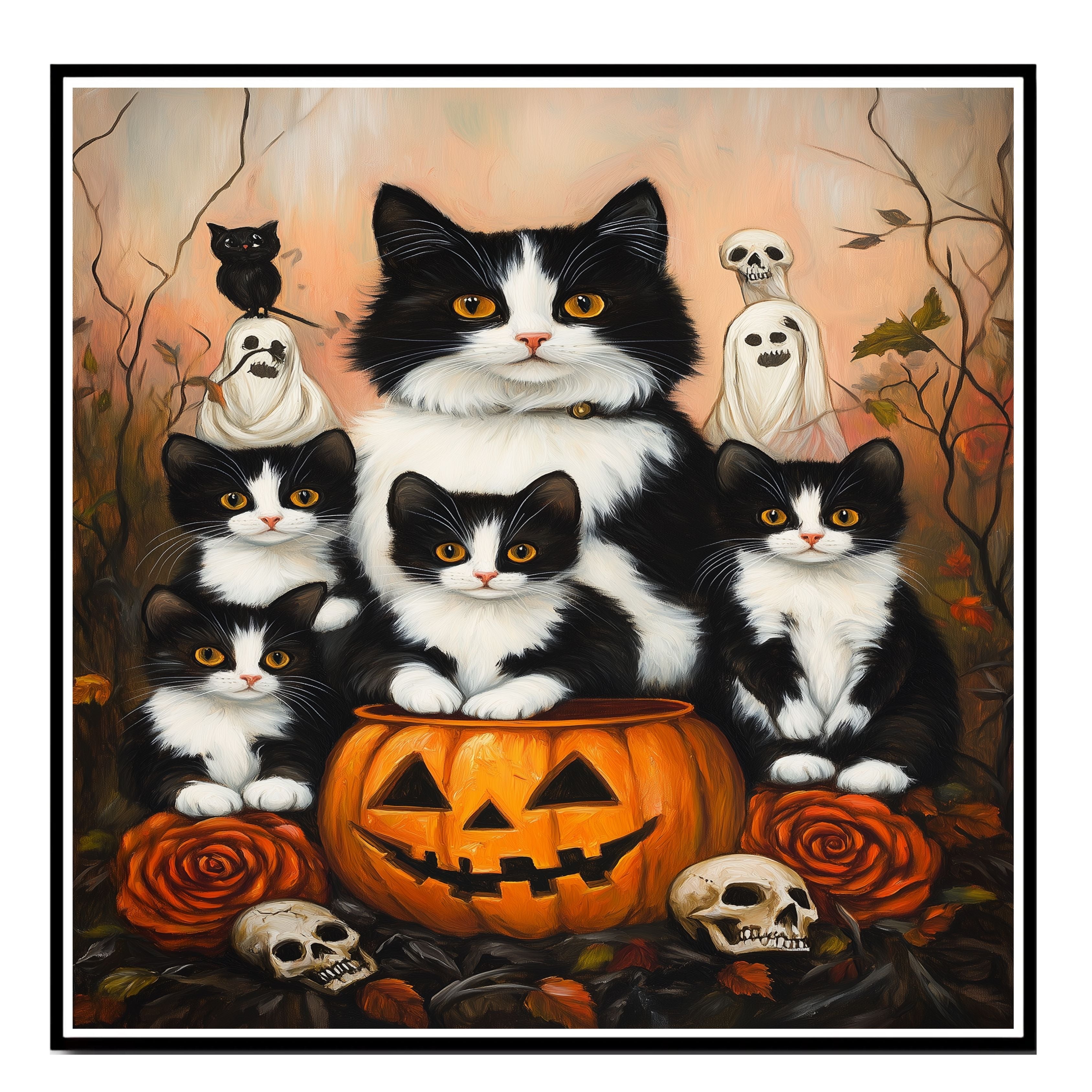 Haunting Whispers: Tuxedo Cat Mom and Four Kittens in a Spooky Forest on Ready to Hang 1.5" Thick Canvas Wrap, Floating Framed Canvas, Flat Rolled Canvas
