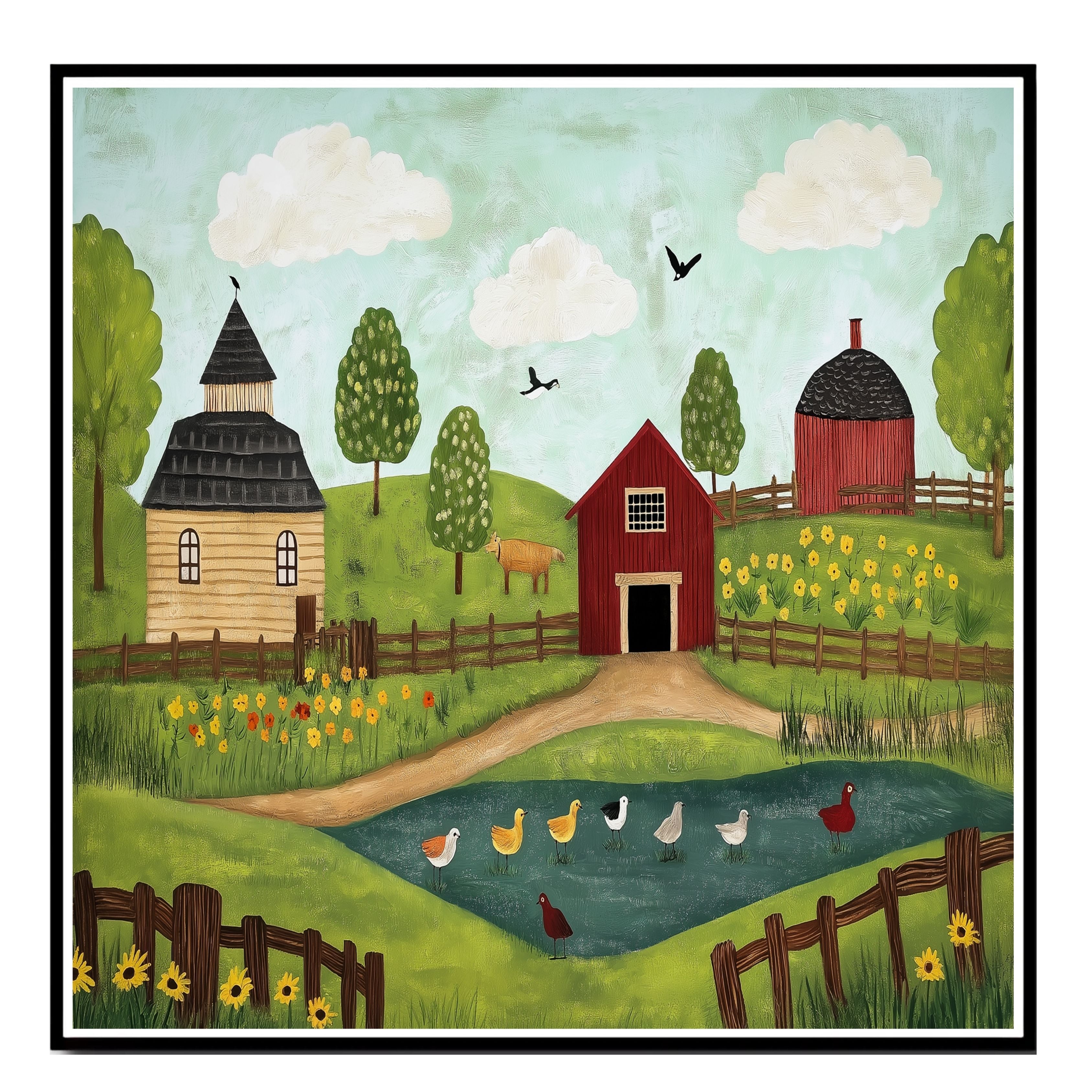 Whimsical Farm Folk Art Print with Red Barn Ducks and Flowers Hand Drawn Country Scene Illustration for Rustic Kitchen Wall Decor or Charming Gift Idea on Ready to Hang 1.5" Thick Canvas Wrap, Floating Framed Canvas, Flat Rolled Canvas