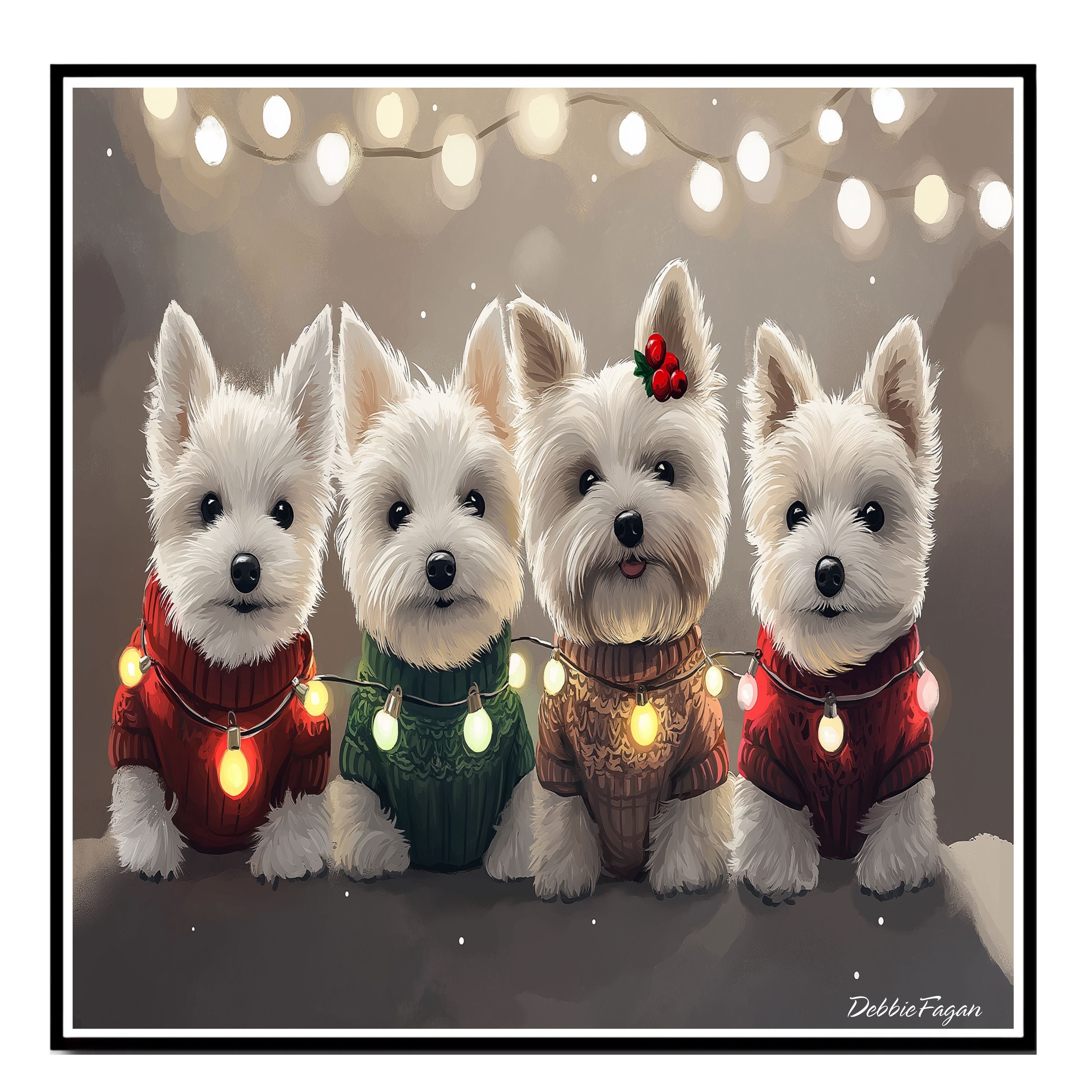 "Westie Winter Glow" - West Highland Terriers in Festive Sweaters and Christmas Lights on Snowy Background on Ready to Hang 1.5" Thick Canvas Wrap, Floating Framed Canvas, Flat Rolled Canvas