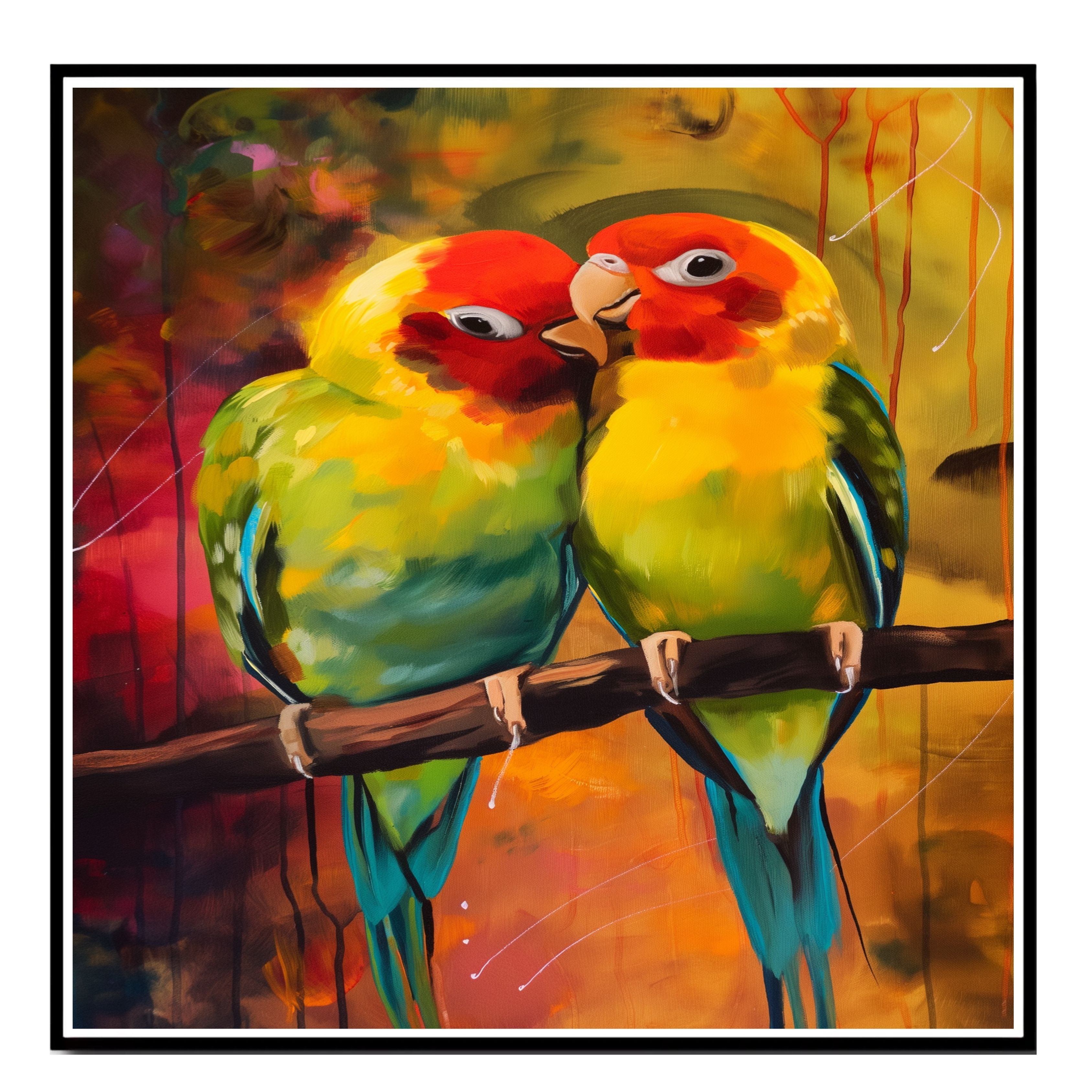 Affectionate Lovebird Pair Painting Featuring Vibrant Parrots in Red, Yellow, and Green Plumage Sharing a Tender Moment on a Branch in a Colorful Jungle Scene on Ready to Hang 1.5" Thick Canvas Wrap, Floating Framed Canvas, Flat Rolled Canvas