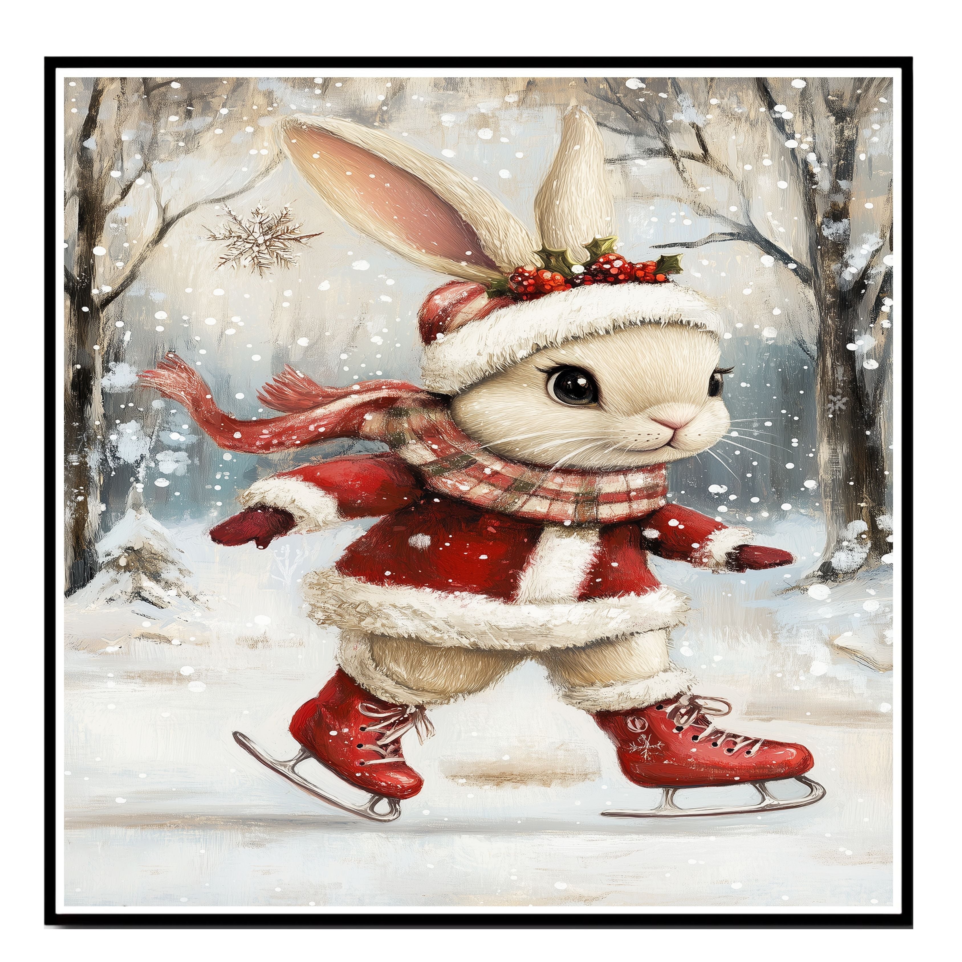 Christmas Wall Art Featuring Ice Skating Bunny in Red Coat and Holly Crown Whimsical Holiday Illustration for Winter Home Decor and Animal Lovers