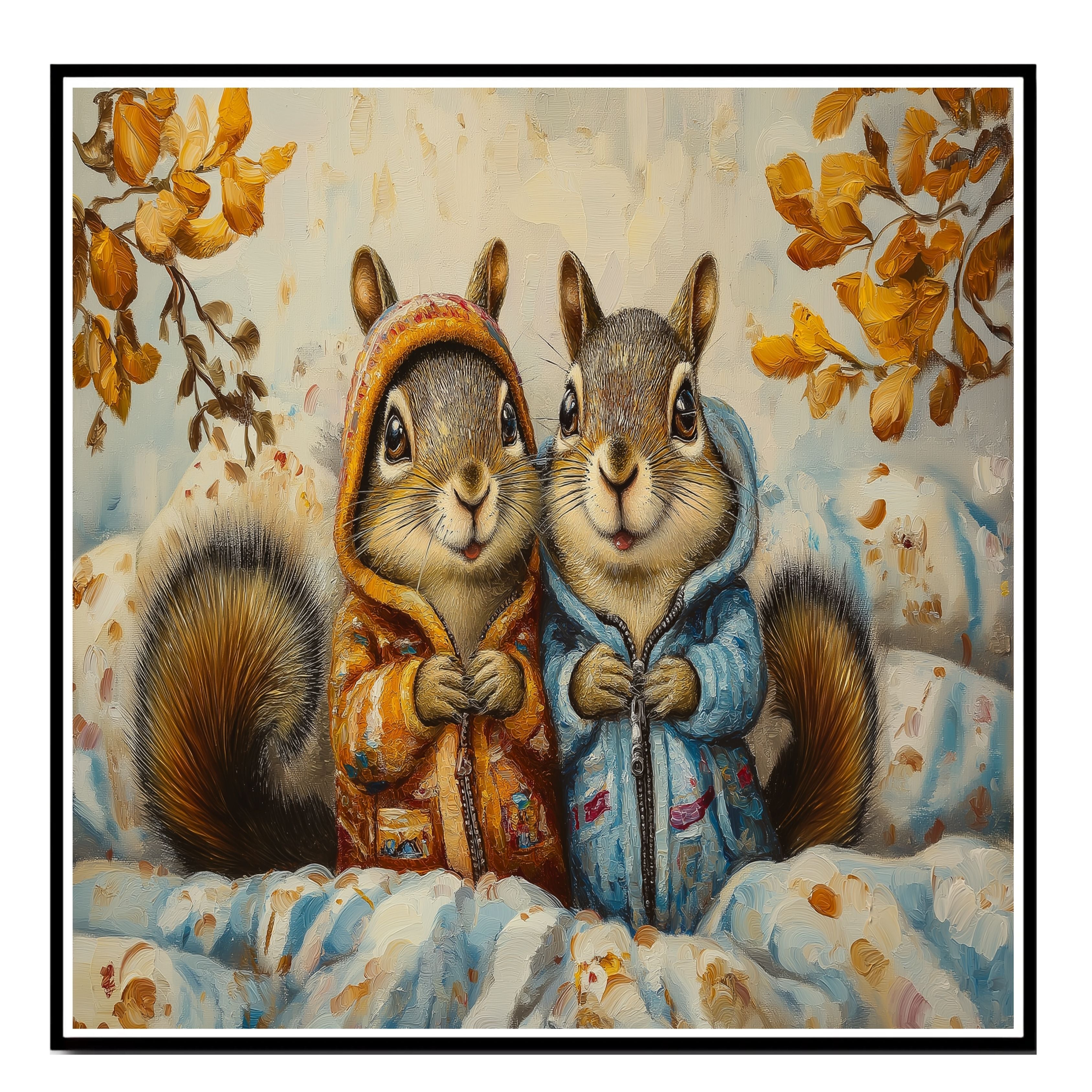 Charming Painting of Two Squirrels in Colorful Hoodies Sitting in a Cozy Autumn Setting Surrounded by Blankets and Golden Leaves with Whimsical Expressions on Ready to Hang 1.5" Thick Canvas Wrap, Floating Framed Canvas, Flat Rolled Canvas