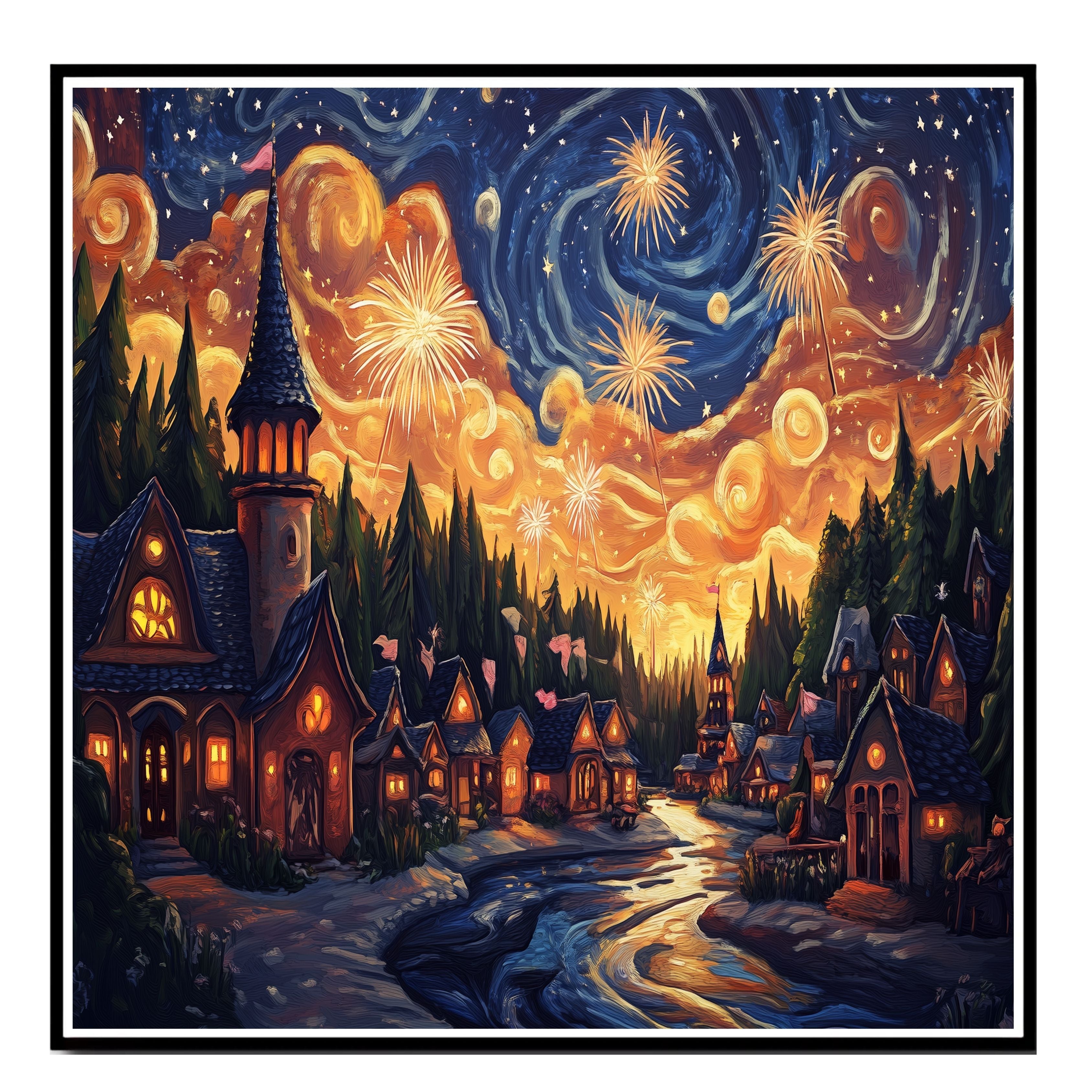 Enchanting 4th of July Village with Fireworks and Swirling Starry Sky, Glowing Cottages and Flags in a Whimsical Nighttime Celebration of Light and Freedom on Ready to Hang 1.5" Thick Canvas Wrap, Floating Framed Canvas, Flat Rolled Canvas