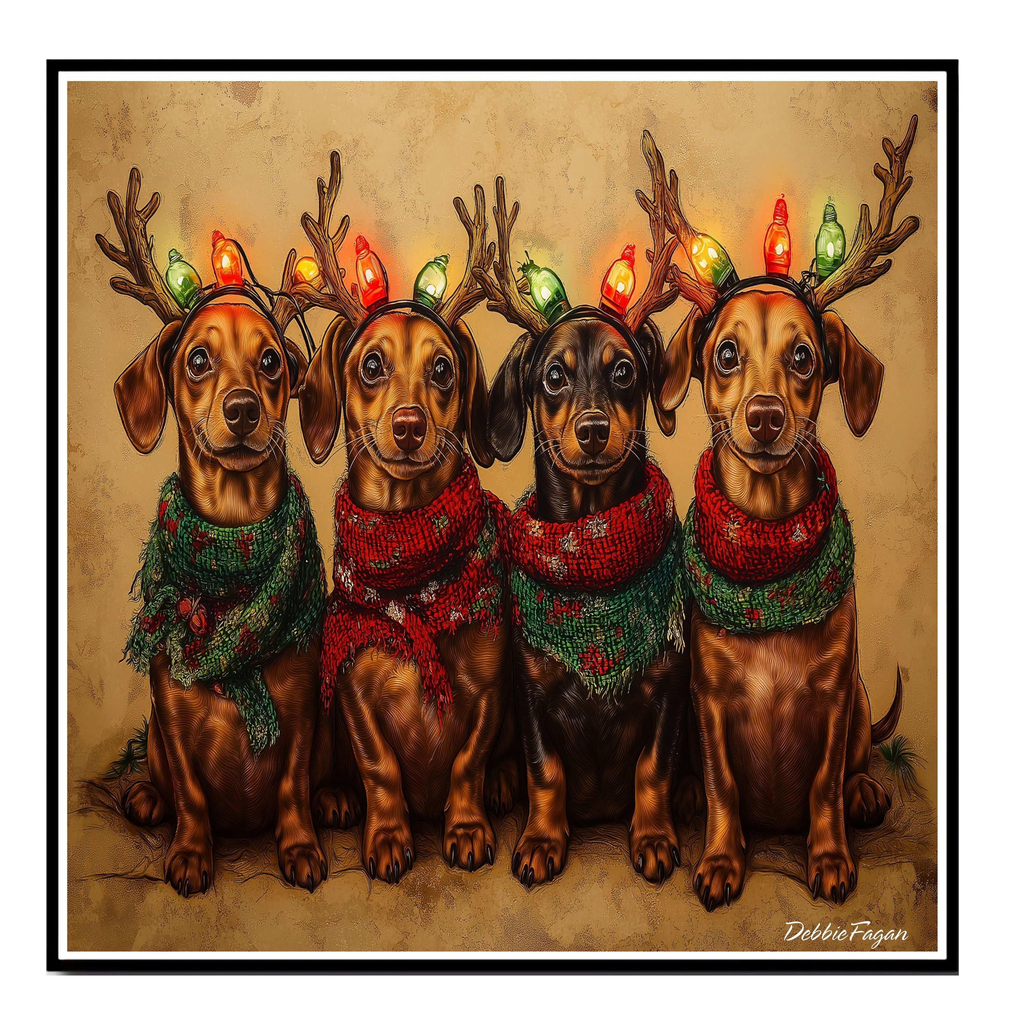 Dachshund Christmas Canvas - "Rusty Rudolph" - Festively Adorned Dachshund in Cozy Scarves Rustic Style Art on Ready to Hang 1.5" Thick Canvas Wrap, Floating Framed Canvas, Flat Rolled Canvas