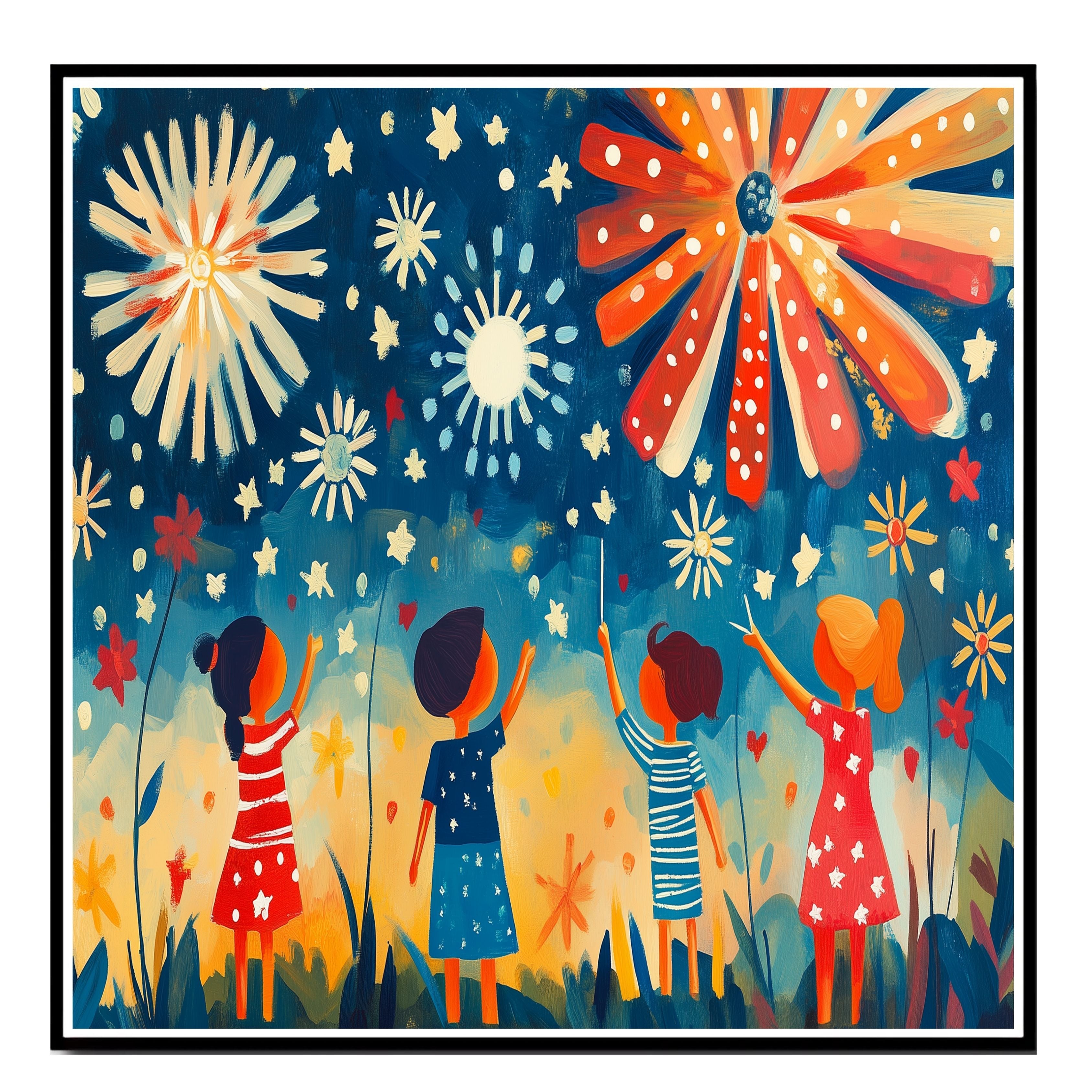 Whimsical Folk Art of Children Watching Fireworks on 4th of July Night, Playful Patriotic Scene with Stars, Bursts of Color, and Red, White, and Blue Outfits on Ready to Hang 1.5" Thick Canvas Wrap, Floating Framed Canvas, Flat Rolled Canvas