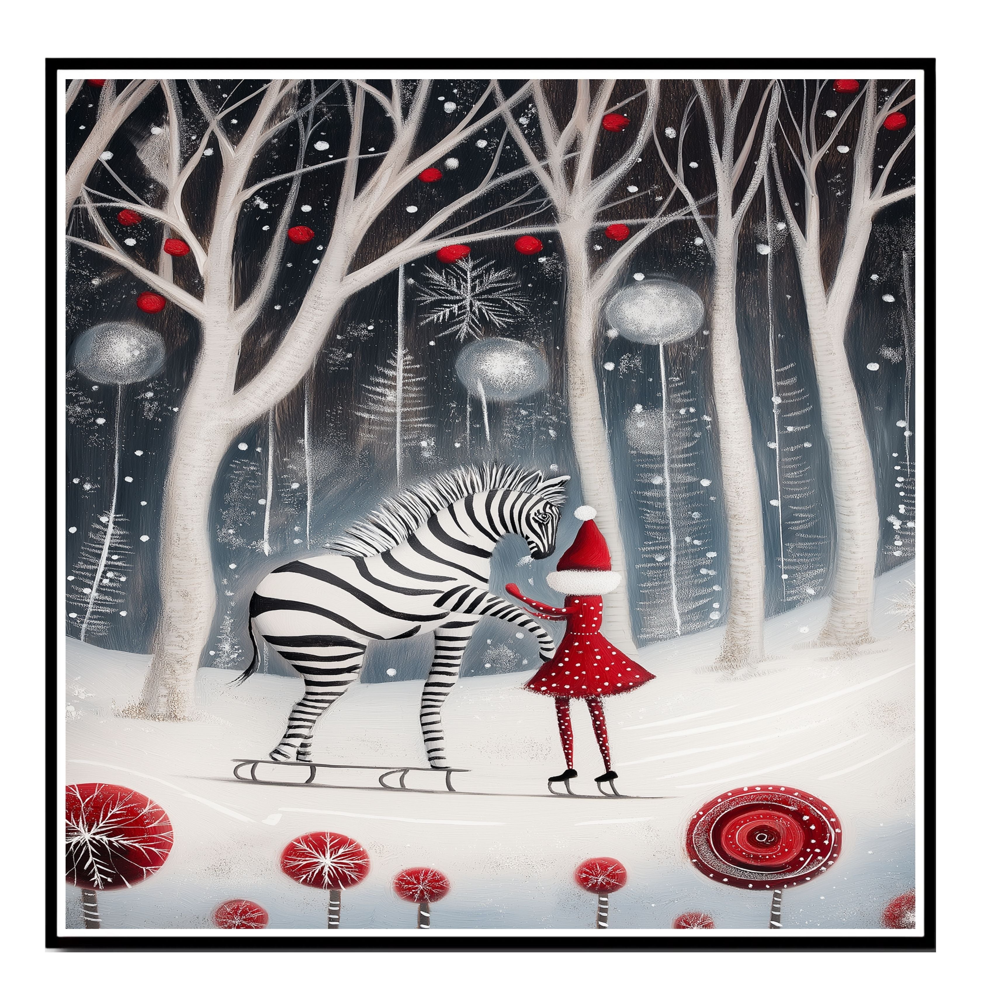 Enchanted Christmas Zebra Ice Skating Print – Whimsical Winter Art with Girl in Red Dress, Snowy Forest Holiday Decor, Fantasy Animal Illustration on Ready to Hang 1.5" Thick Canvas Wrap, Floating Framed Canvas, Flat Rolled Canvas