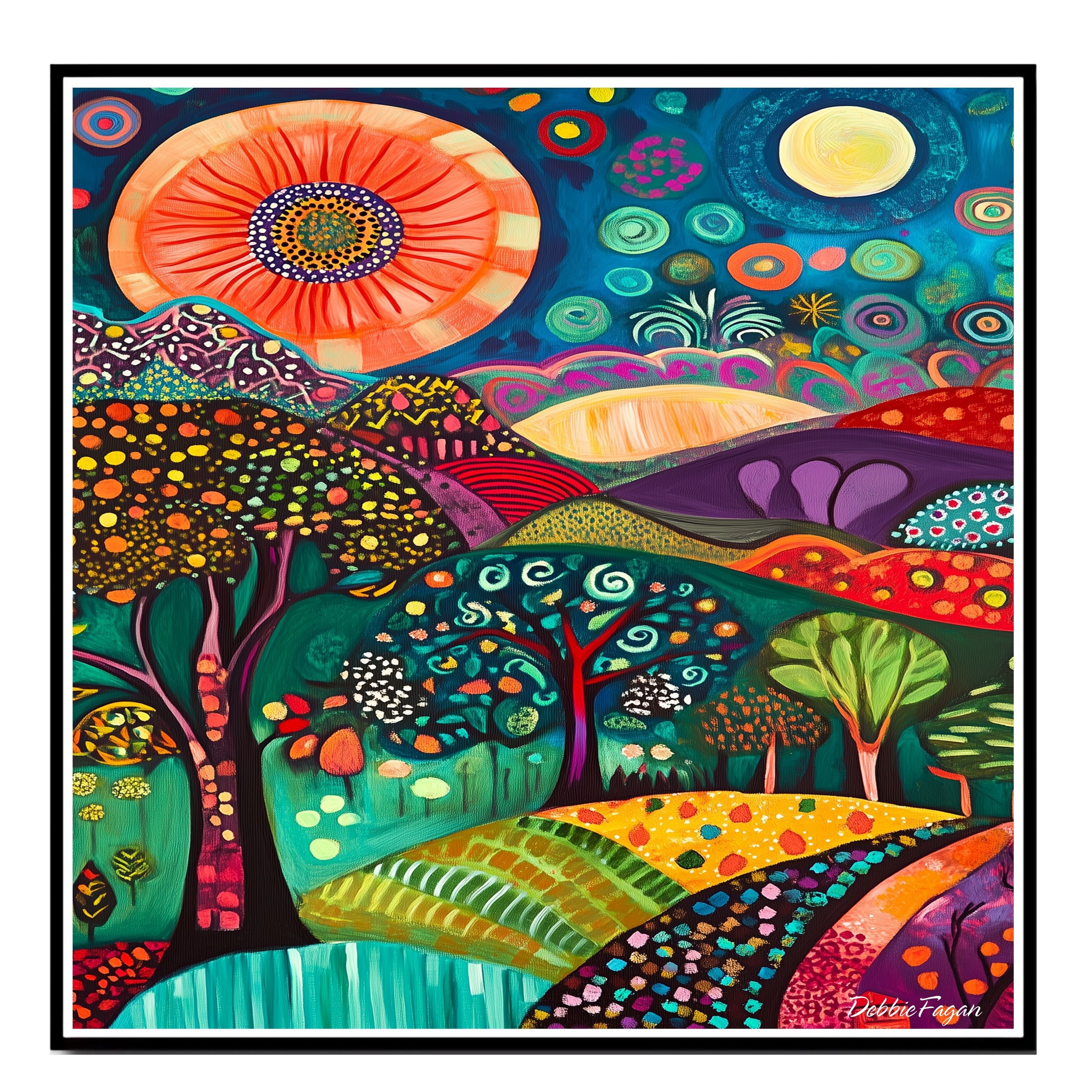 Vibrant Folk Art Landscape Canvas – Colorful Trees, Hills, and Sunbursts in Whimsical Abstract Style on Ready to Hang 1.5" Thick Canvas Wrap, Floating Framed Canvas, Flat Rolled Canvas