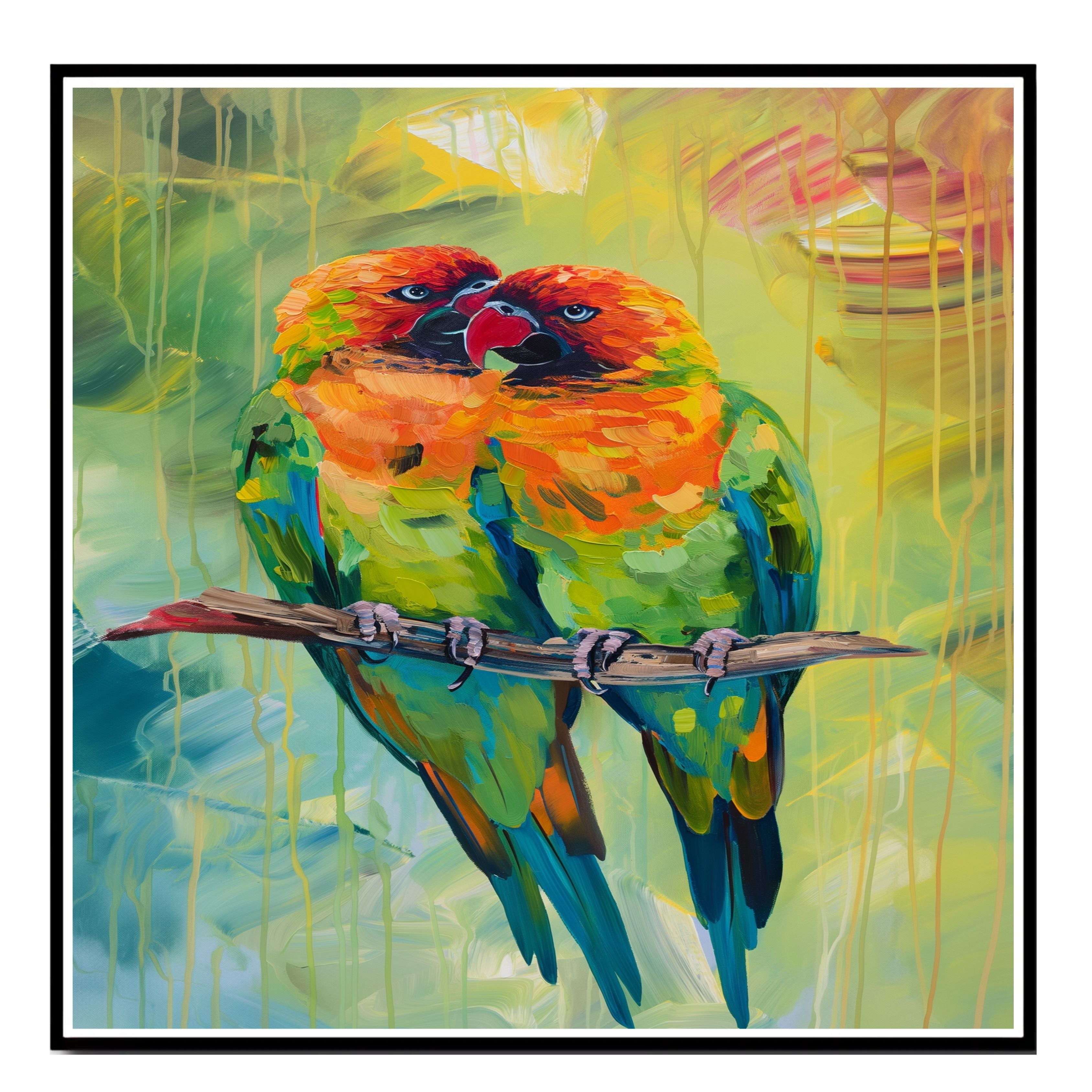 Expressive Parrot Pair Artwork Featuring Bright Orange and Green Feathers on a Branch with Lush Abstract Jungle Background in Bold Textured Brushstrokes on Ready to Hang 1.5" Thick Canvas Wrap, Floating Framed Canvas, Flat Rolled Canvas