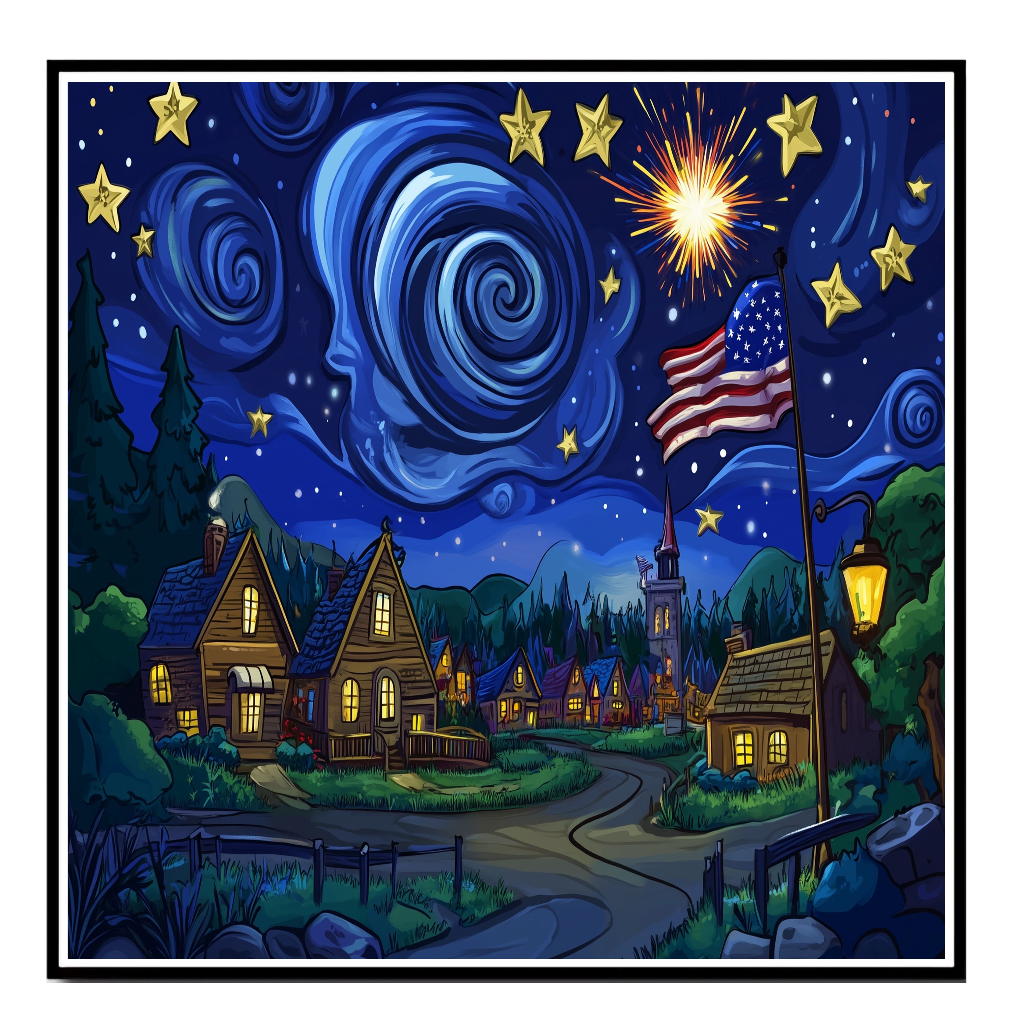 Whimsical 4th of July Village Scene with Fireworks, American Flag, and Starry Swirling Sky, Glowing Homes and a Festive Night Full of Wonder and Celebration on Ready to Hang 1.5" Thick Canvas Wrap, Floating Framed Canvas, Flat Rolled Canvas