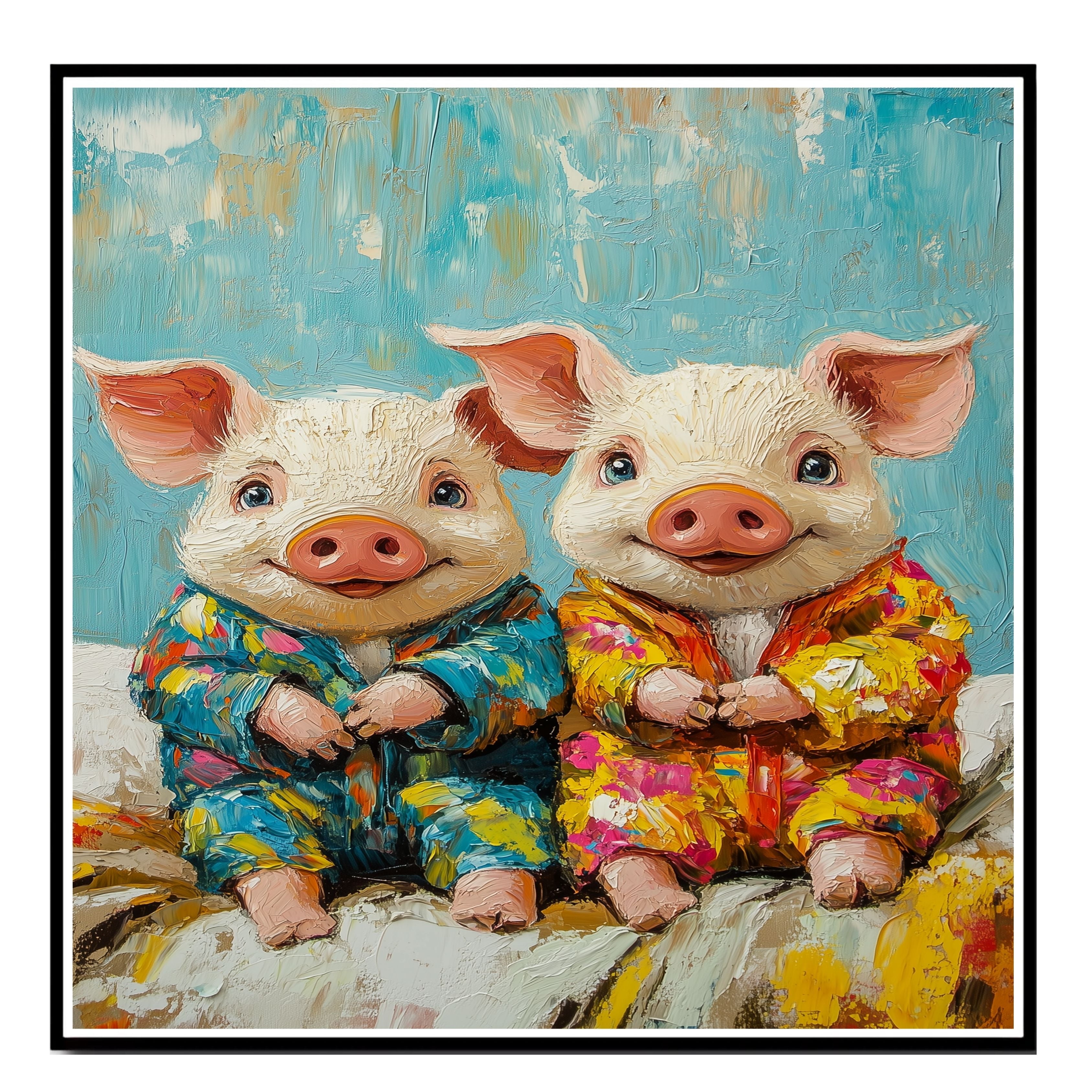 Joyful Painting of Two Cute Piglets in Bright Floral Pajamas Sitting Happily with Playful Expressions in a Textured Whimsical Style on Ready to Hang 1.5" Thick Canvas Wrap, Floating Framed Canvas, Flat Rolled Canvas