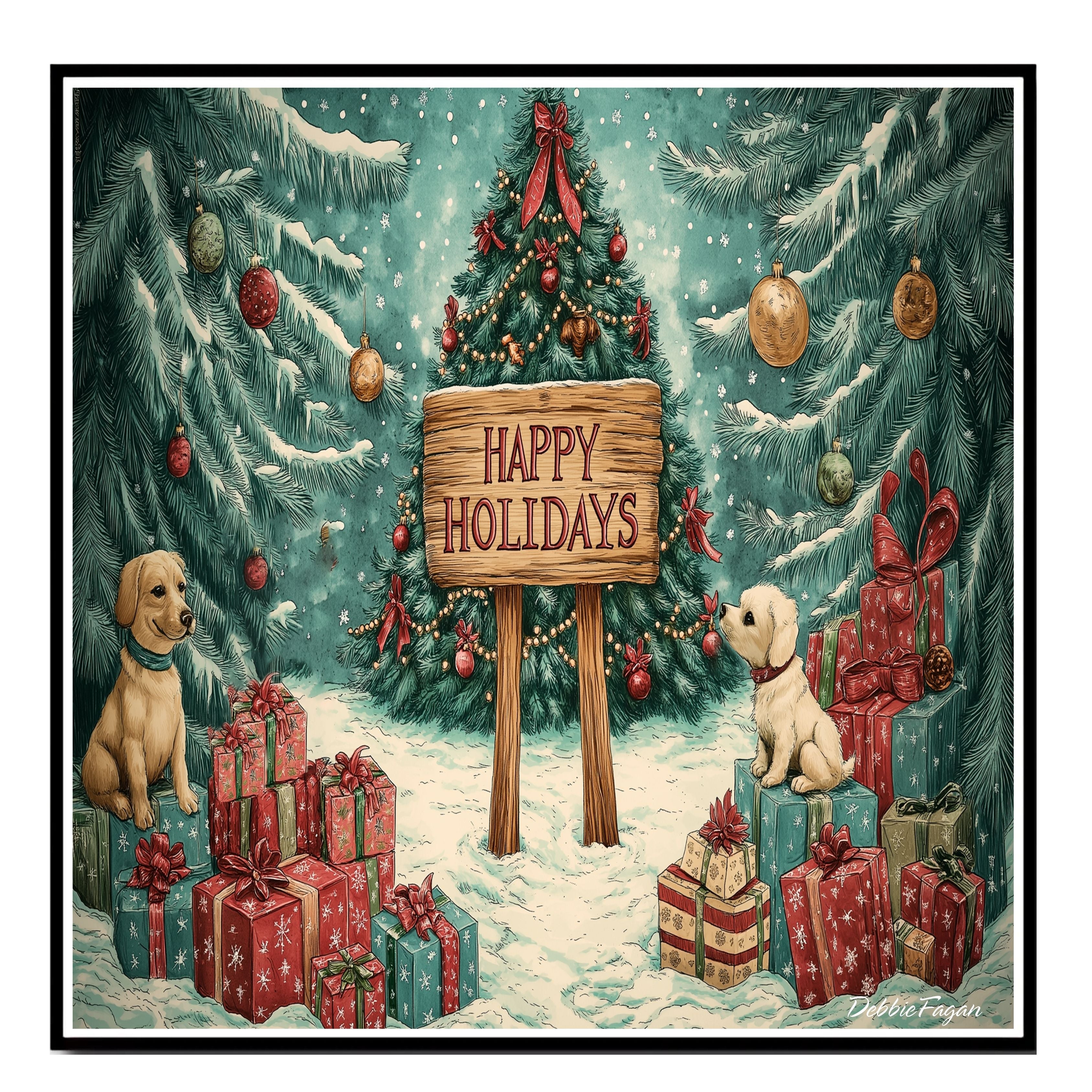 Christmas Canvas - "Winter Wonderland" - Adorable Puppies Playing in a Snowy Forest with Christmas Tree and Gifts on Ready to Hang 1.5" Thick Canvas Wrap, Floating Framed Canvas, Flat Rolled Canvas