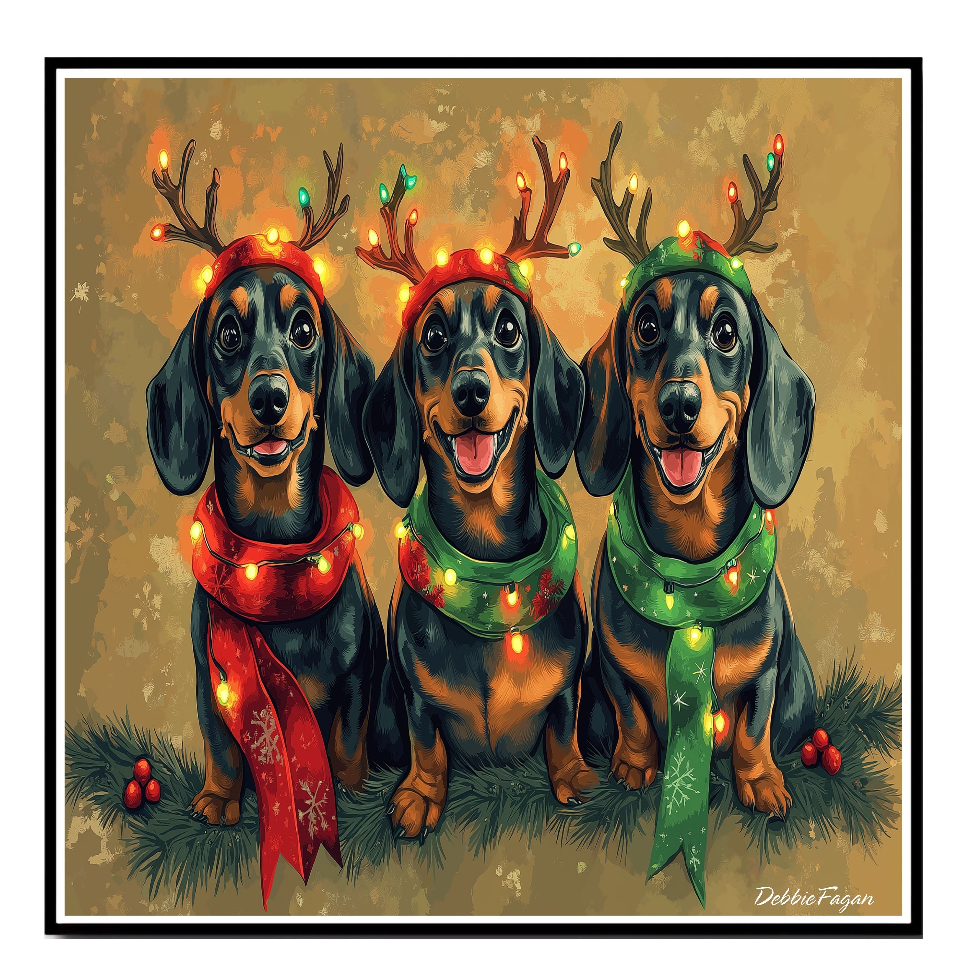 Dachshund Dogs Wrapped in Christmas String Lights on 1.5" Thick Canvas Wrap, Floating Framed Canvas, Flat Rolled Canvas, Premium Quality Ready to Hang Room Decor Wall Art