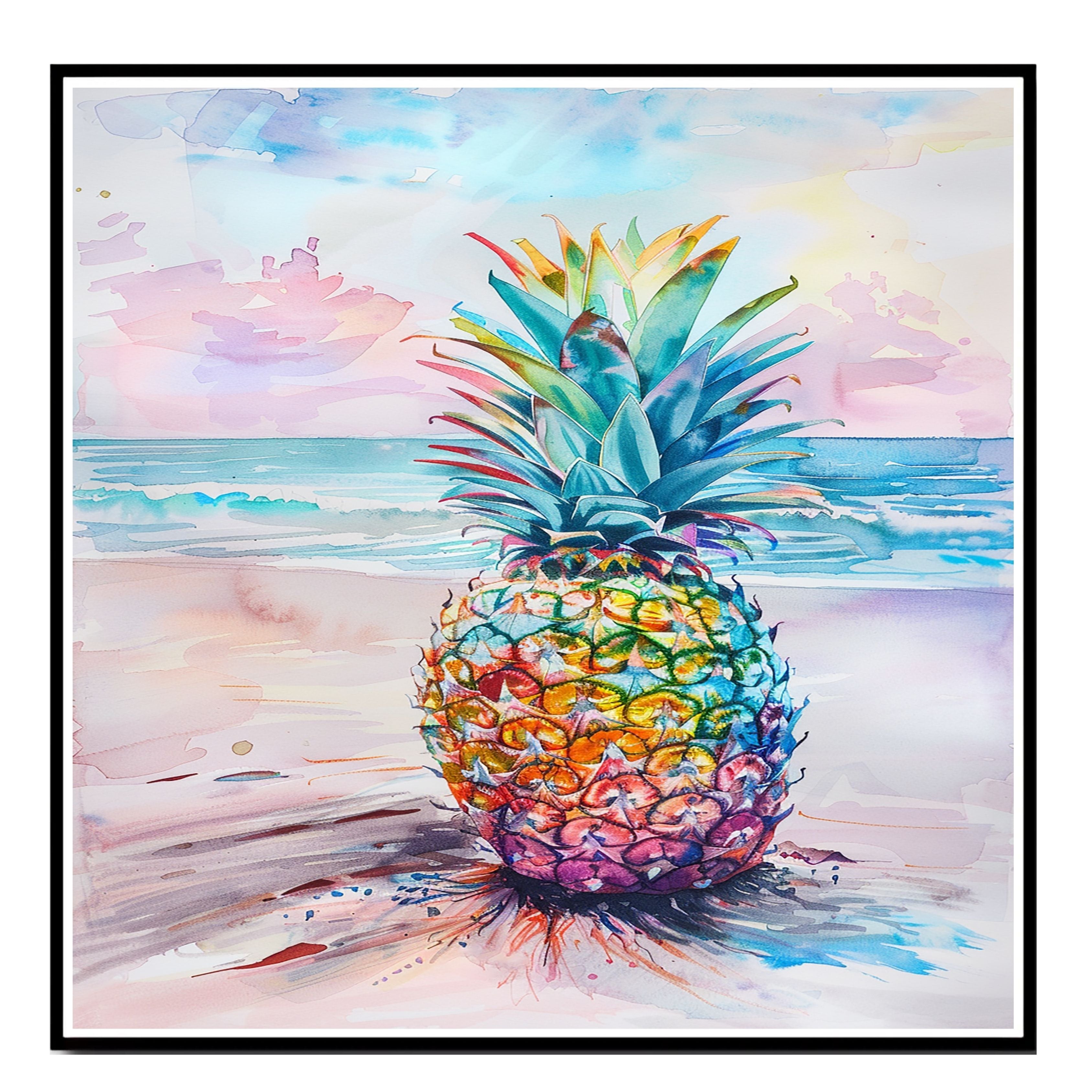 Colorful Pineapple Watercolor Painting with Tropical Beach and Ocean Background on Ready to Hang 1.5" Thick Canvas Wrap, Floating Framed Canvas, Flat Rolled Canvas