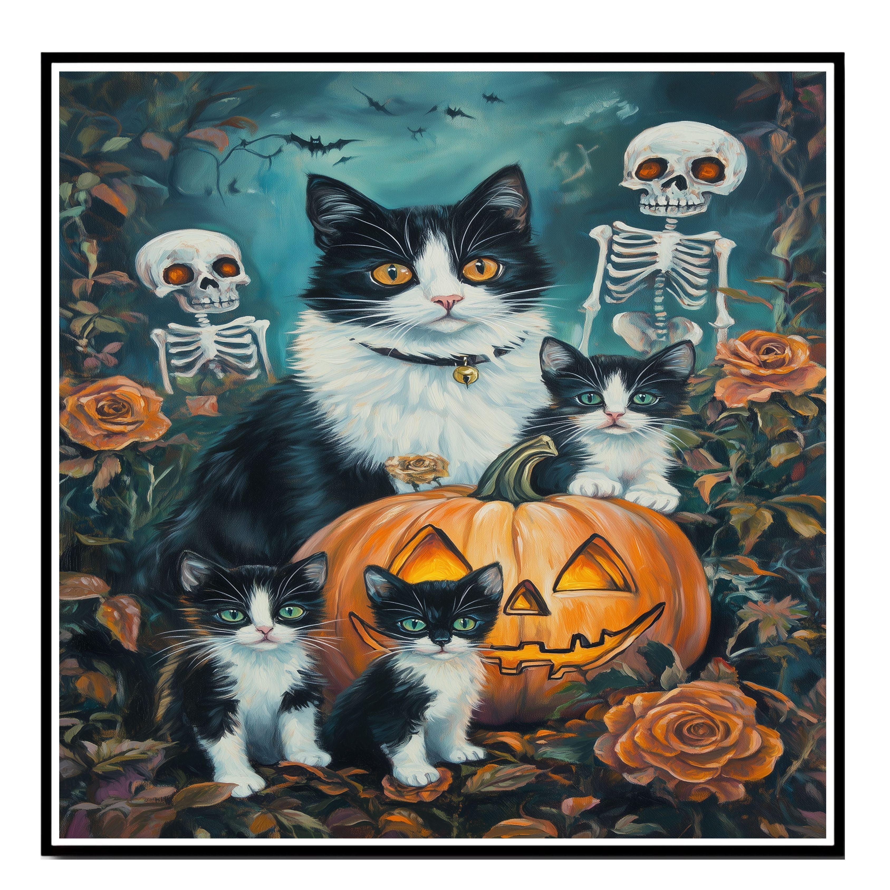 Haunting Whiskers: Tuxedo Cat Mom and Three Kittens in a Spooky Forest on Ready to Hang 1.5" Thick Canvas Wrap, Floating Framed Canvas, Flat Rolled Canvas