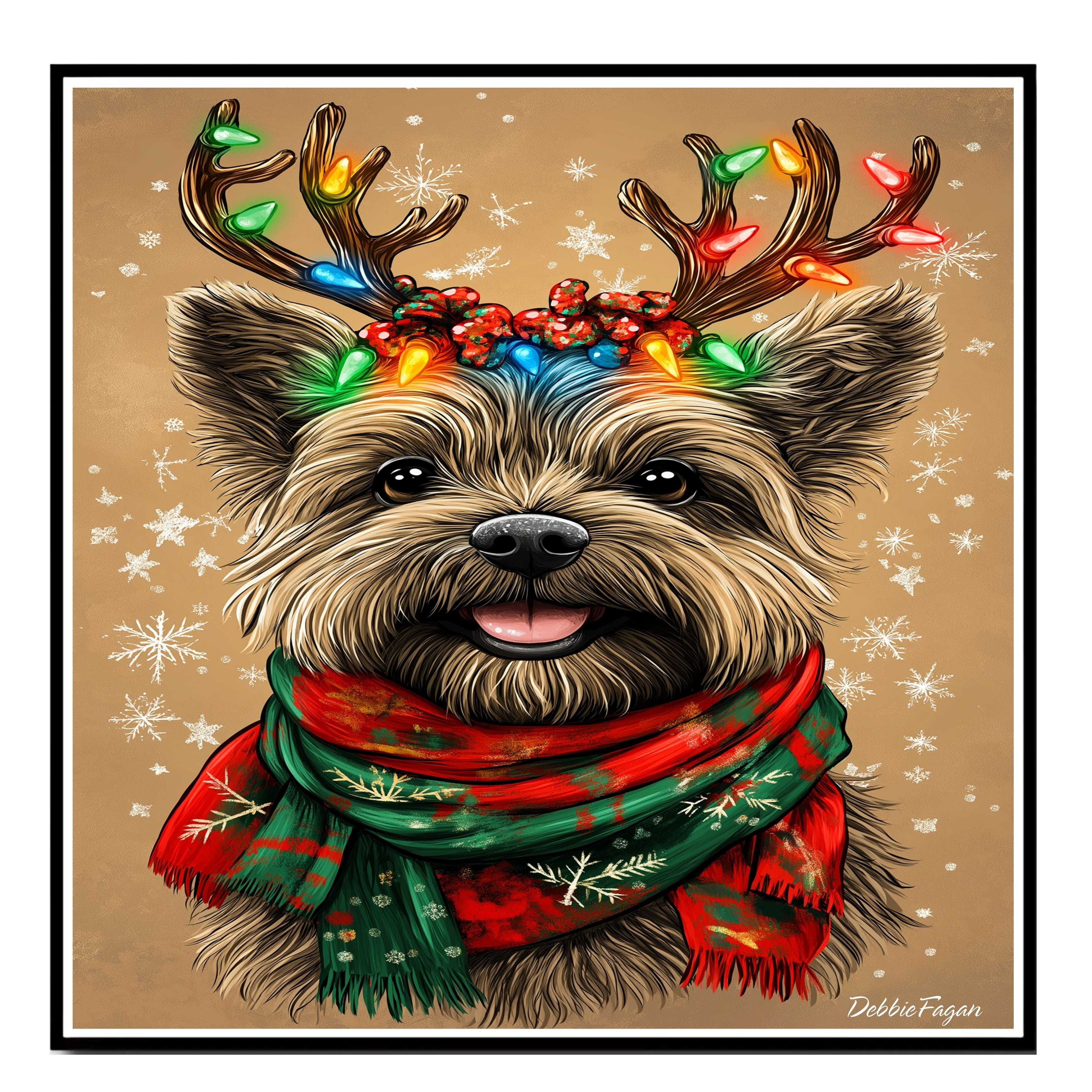 "Snowy Paws" - Cairn Terrier Dog with Lighted Antlers & Festive Scarf on Rustic Background with Snowflakes, Ready to Hang 1.5" Thick Canvas Wrap, Floating Framed Canvas, Flat Rolled Canvas