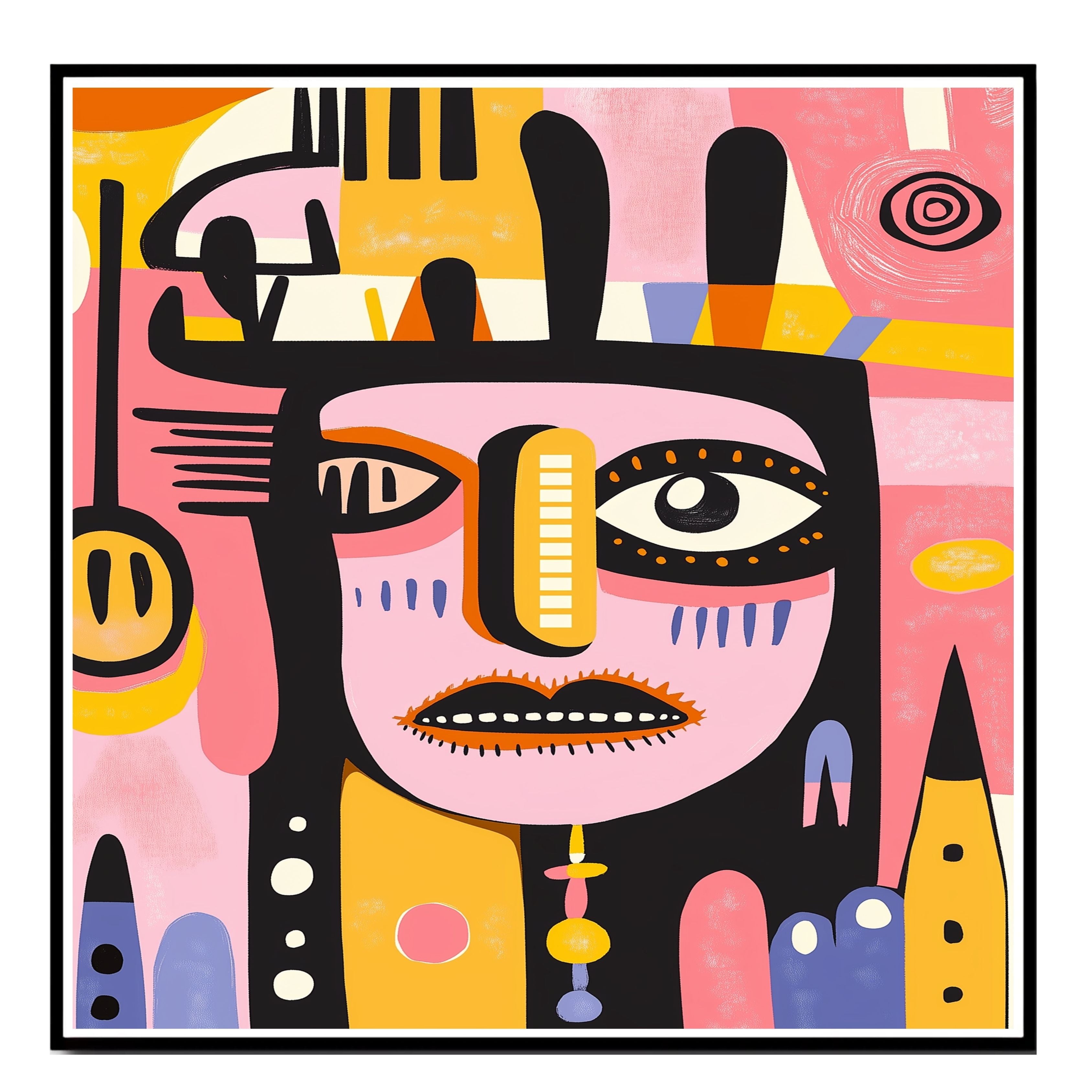 Bold Abstract Face Illustration with Pink and Yellow Tones in Mid-Century Modern and Tribal Pop Art Style on Ready to Hang 1.5" Thick Canvas Wrap, Floating Framed Canvas, Flat Rolled Canvas