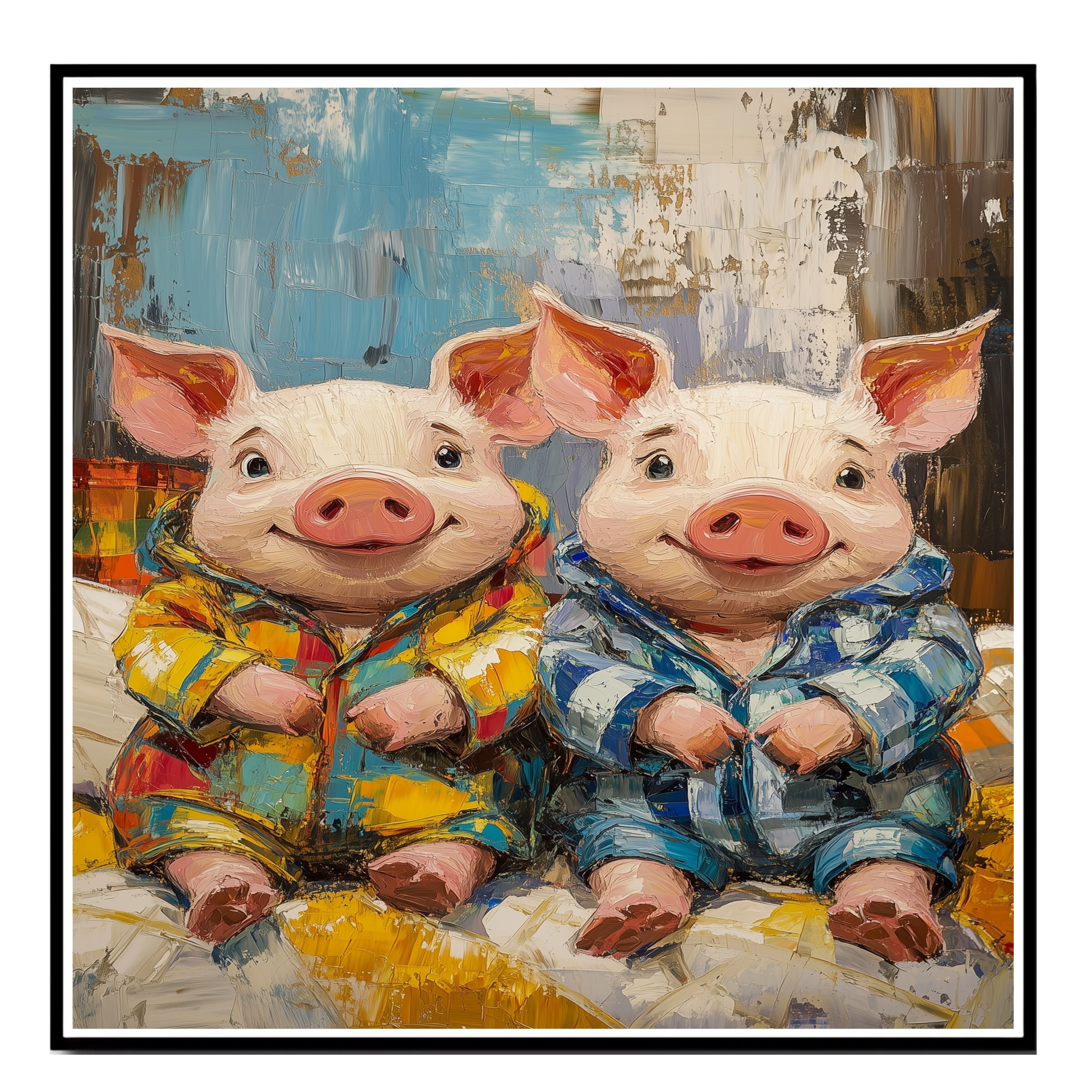 Playful Painting of Two Cute Piglets in Colorful Pajamas Sitting Side by Side with Happy Expressions in a Bold Textured Style on Ready to Hang 1.5" Thick Canvas Wrap, Floating Framed Canvas, Flat Rolled Canvas