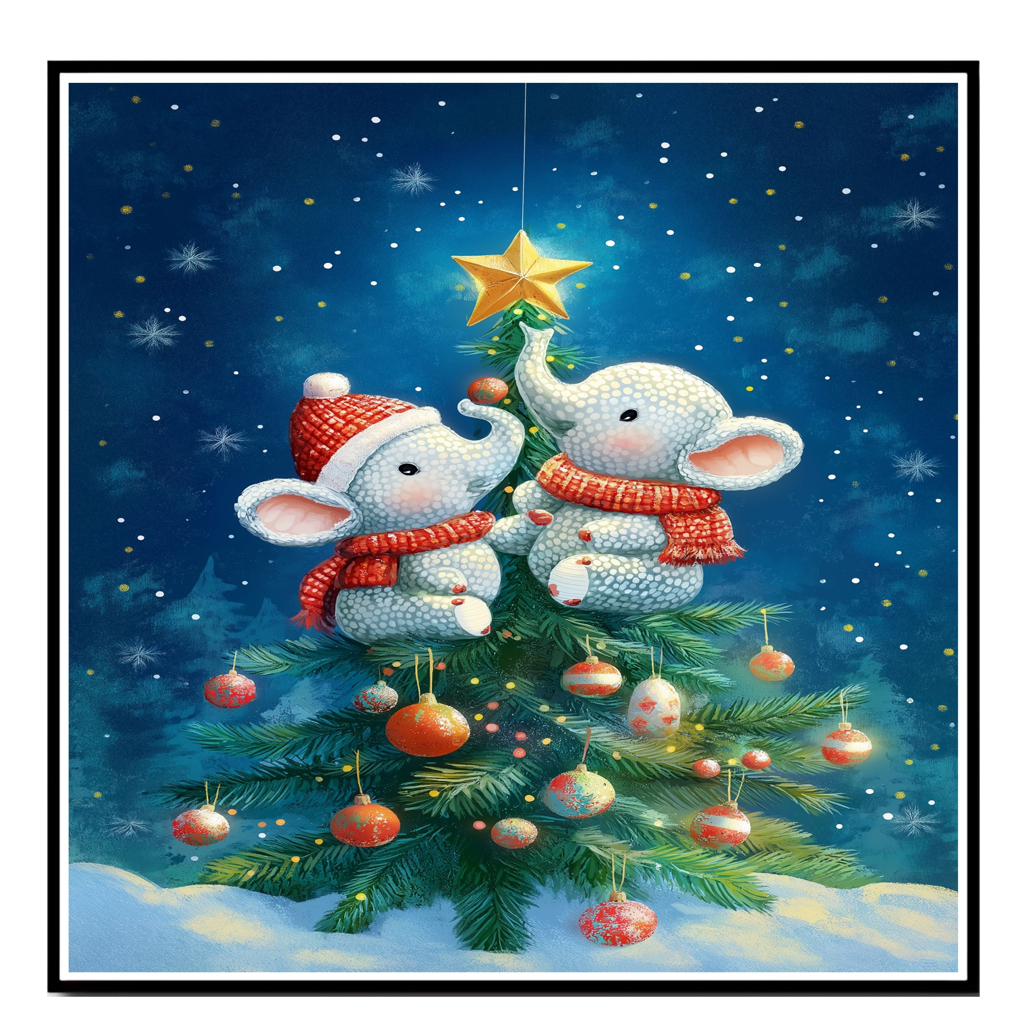 Baby Elephants Decorating Christmas Tree with Star and Ornaments in Winter Wonderland Scene Holiday Art Print for Nursery or Festive Seasonal Decor on Ready to Hang 1.5" Thick Canvas Wrap, Floating Framed Canvas, Flat Rolled Canvas