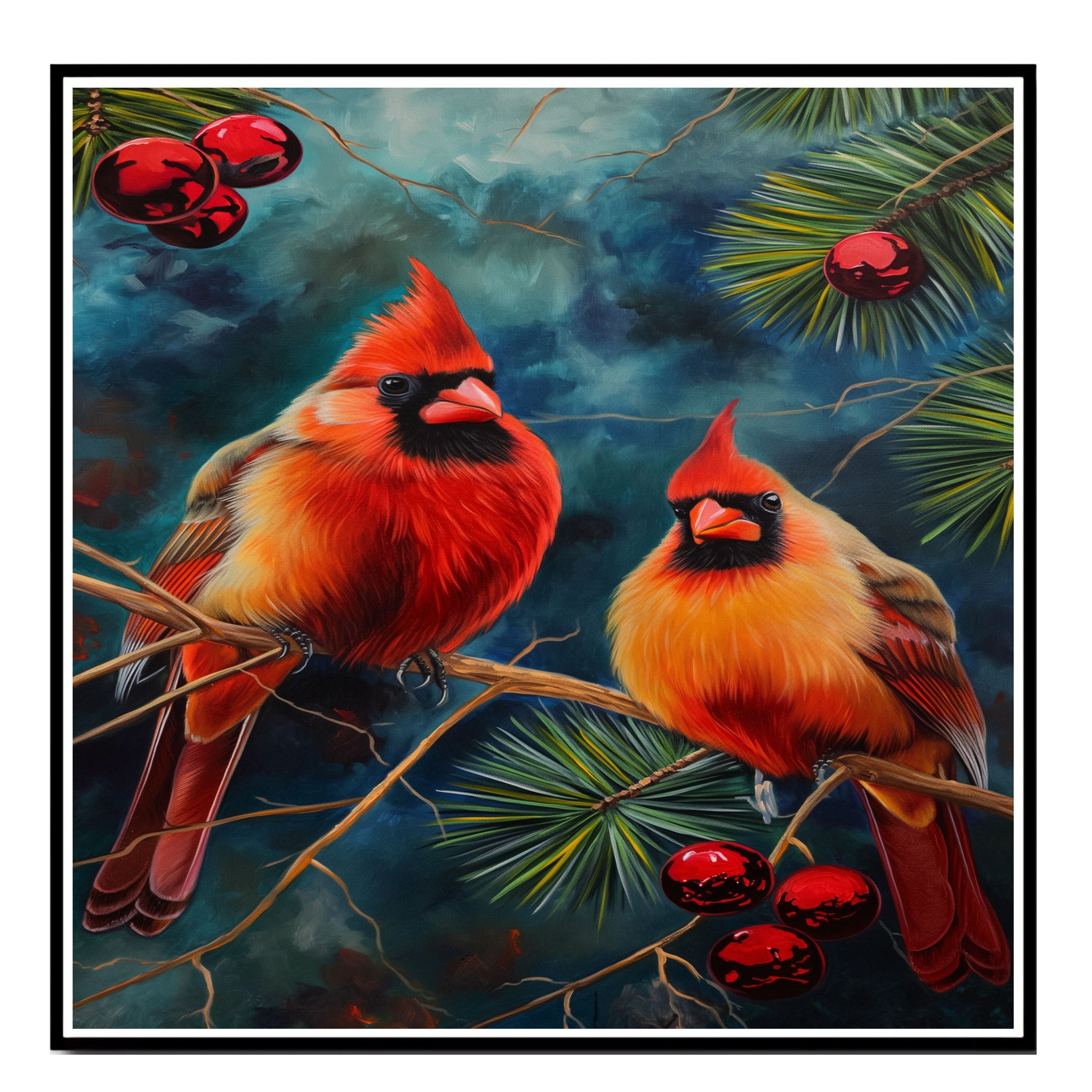 Christmas Cardinals on Pine Branch – Festive Red Birds with Ornaments in a Vibrant Winter Scene Painting Perfect for Seasonal and Nature-Inspired Displays on Ready to Hang 1.5" Thick Canvas Wrap, Floating Framed Canvas, Flat Rolled Canvas