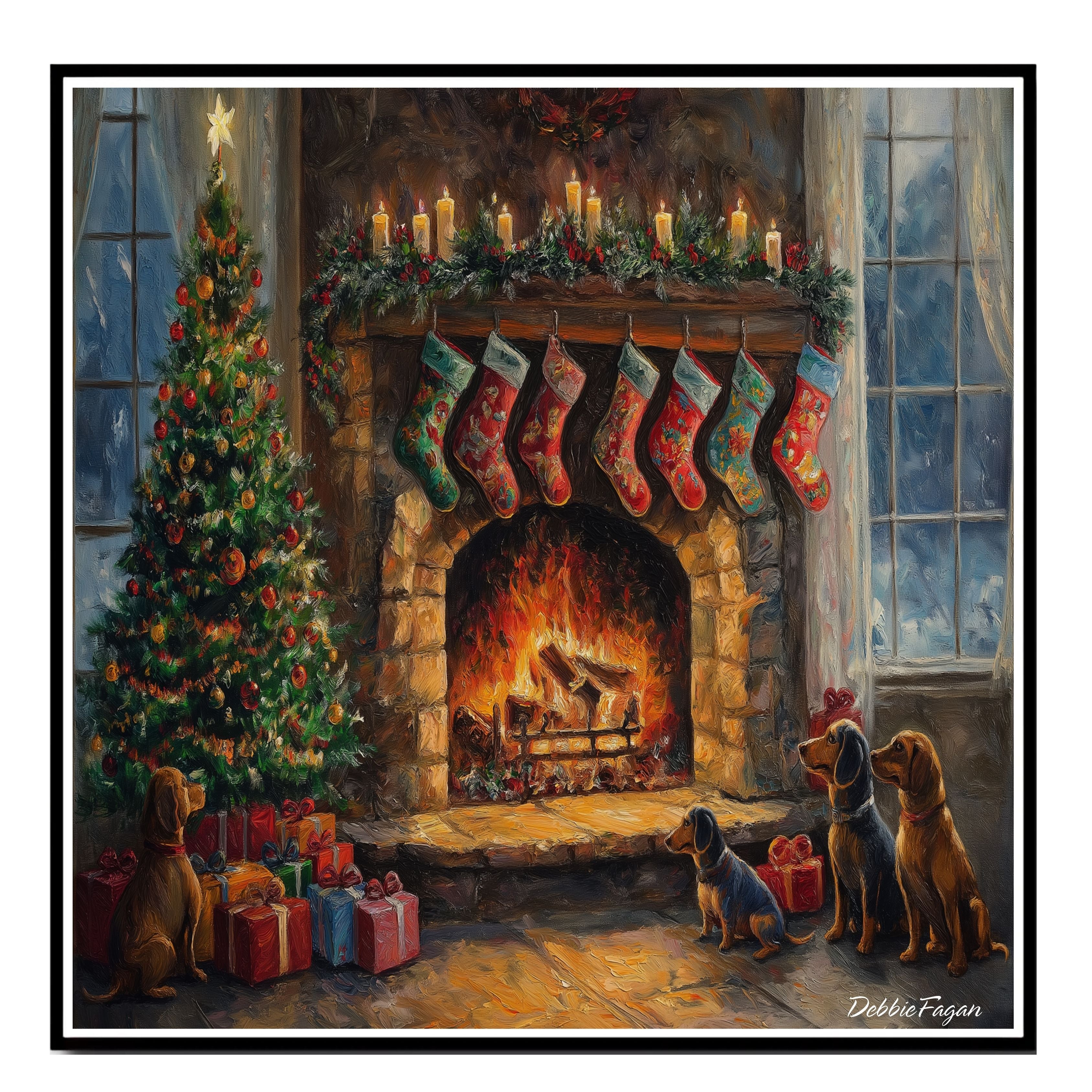 Dachshund Christmas Canvas - "Doxie Fireside Dreams" - Wiener Dogs by a Crackling Fireplace During a Winter Storm on Ready to Hang 1.5" Thick Canvas Wrap, Floating Framed Canvas, Flat Rolled Canvas