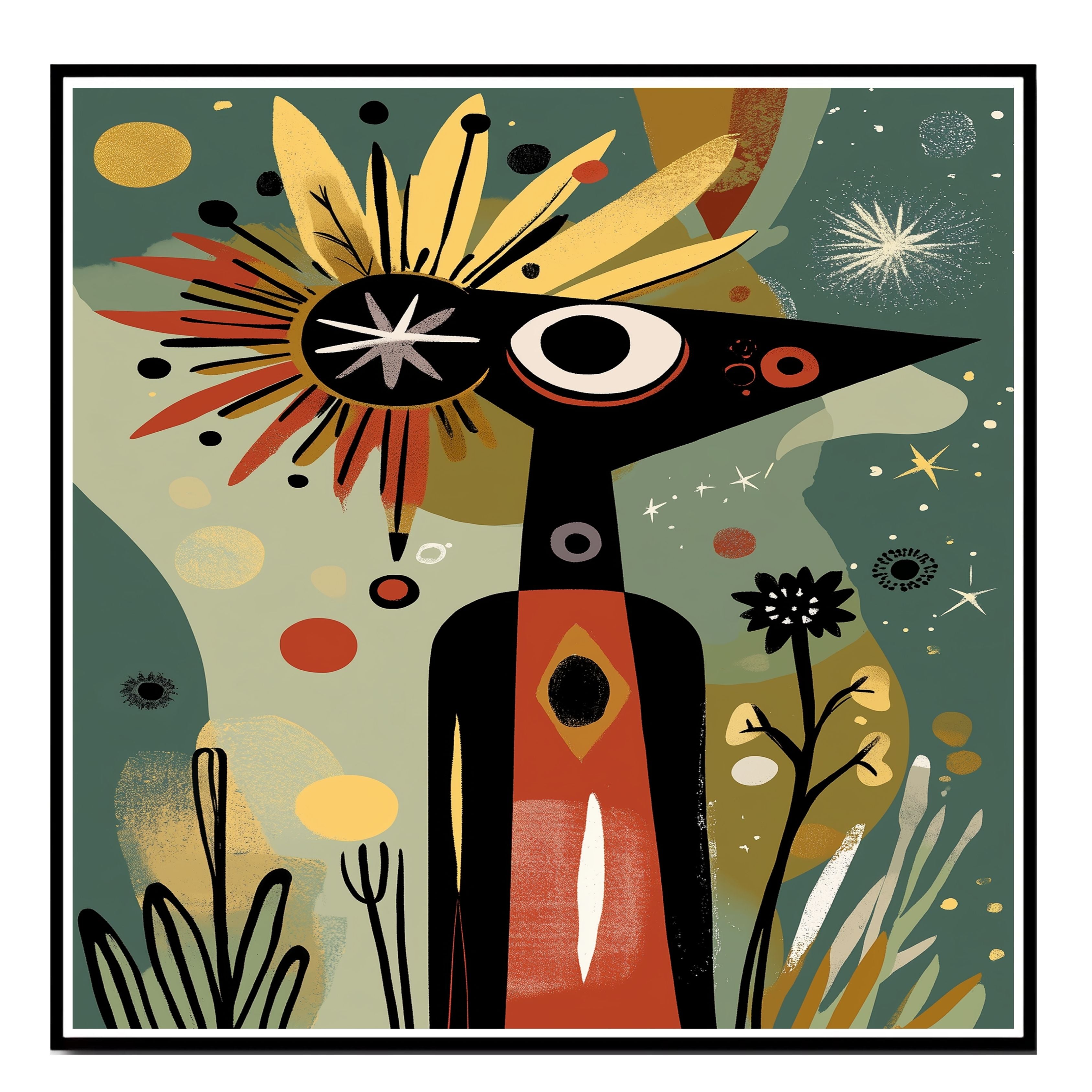 Abstract Tribal-Inspired Figure in Cosmic Botanical Scene with Mid-Century Modern and Folk Art Elements on Ready to Hang 1.5" Thick Canvas Wrap, Floating Framed Canvas, Flat Rolled Canvas