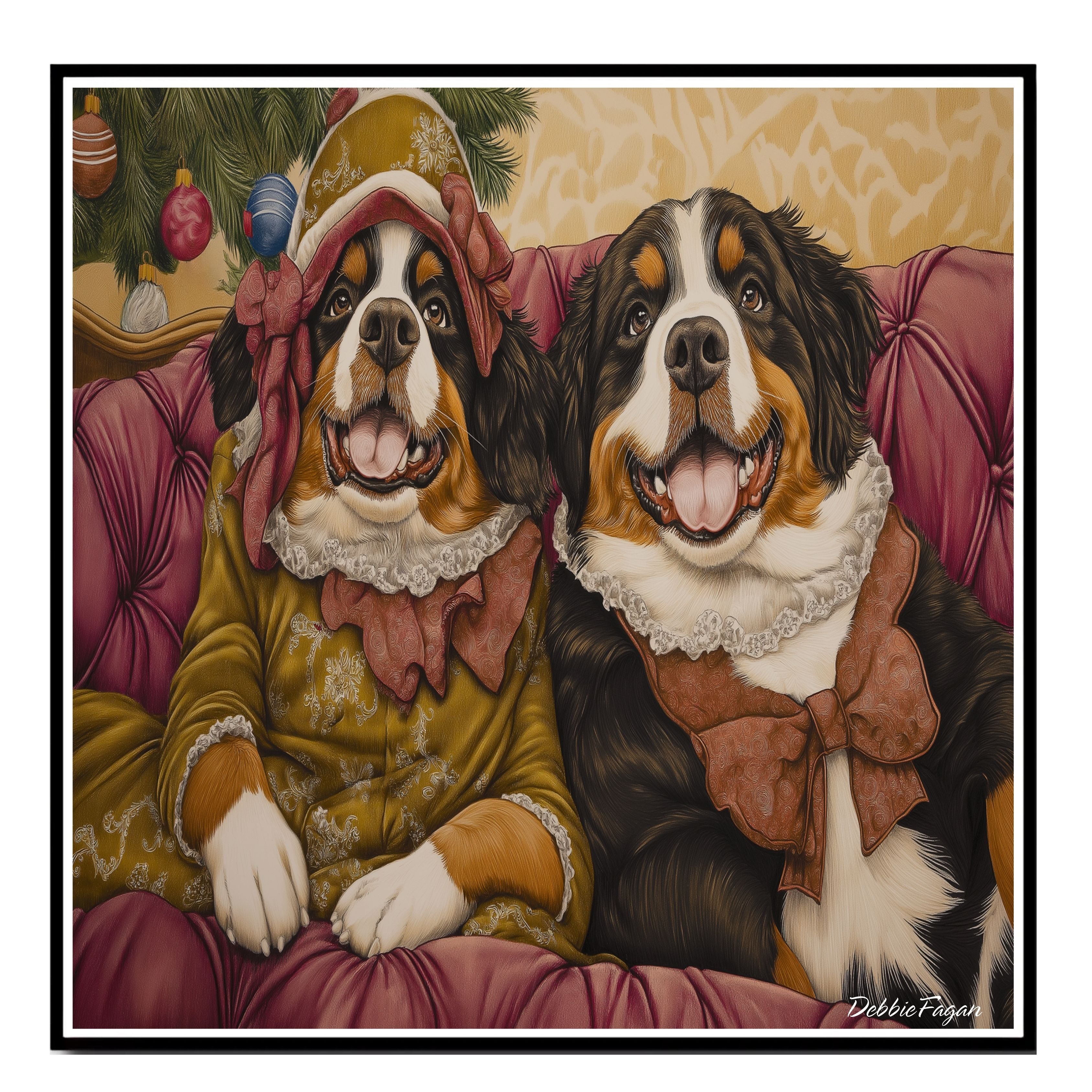 Christmas Canvas  - Bernese Elegance - Sophisticated Bernese Mountain Dogs Lounging on a Vintage Red Ornate Sofa on Ready to Hang 1.5" Thick Canvas Wrap, Floating Framed Canvas, Flat Rolled Canvas
