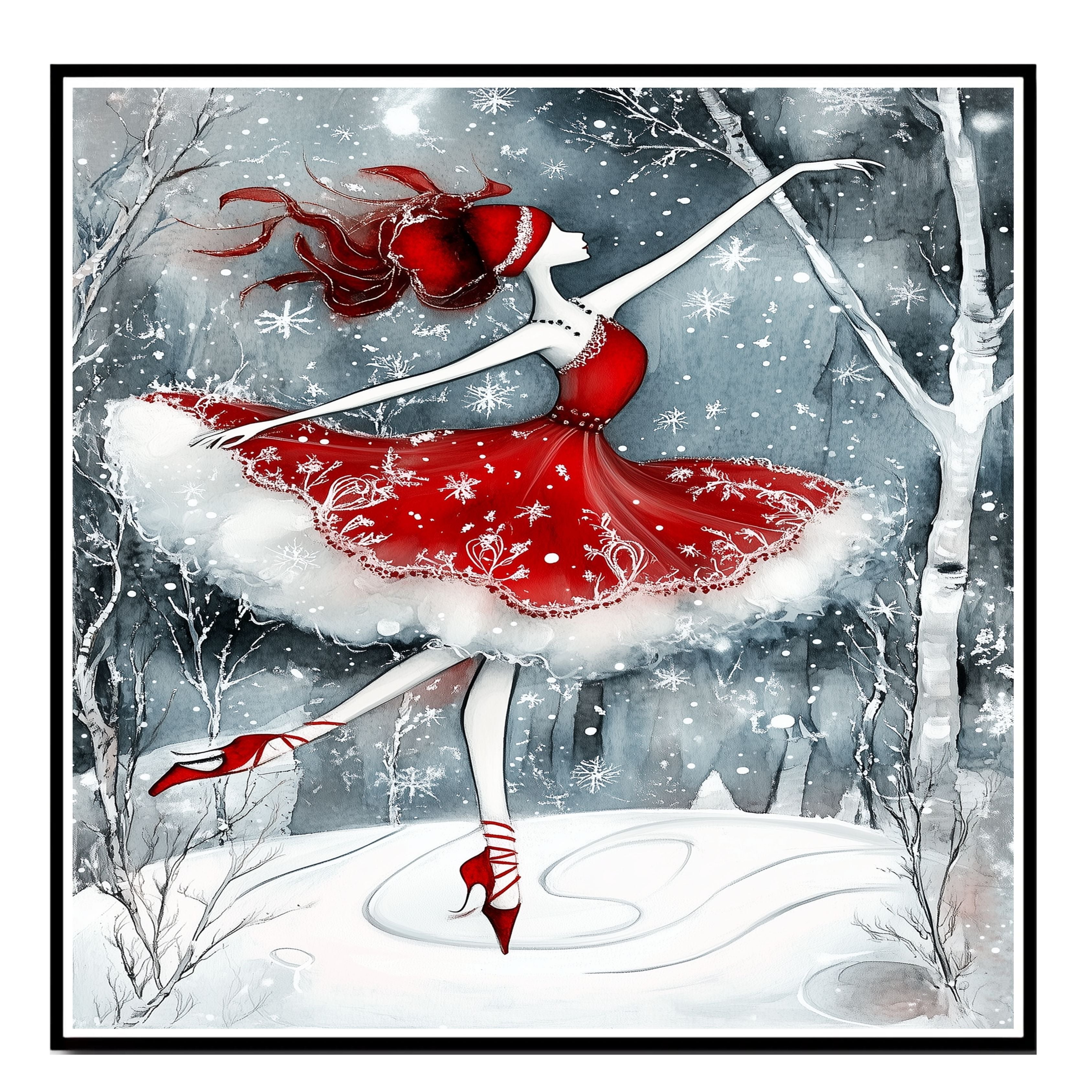 Christmas Wall Art Featuring Whimsical Ballerina in Red Skating in Snowy Forest Enchanting Holiday Artwork for Winter Decor Ballet Fans and Seasonal Elegance on Ready to Hang 1.5" Thick Canvas Wrap, Floating Framed Canvas, Flat Rolled Canvas