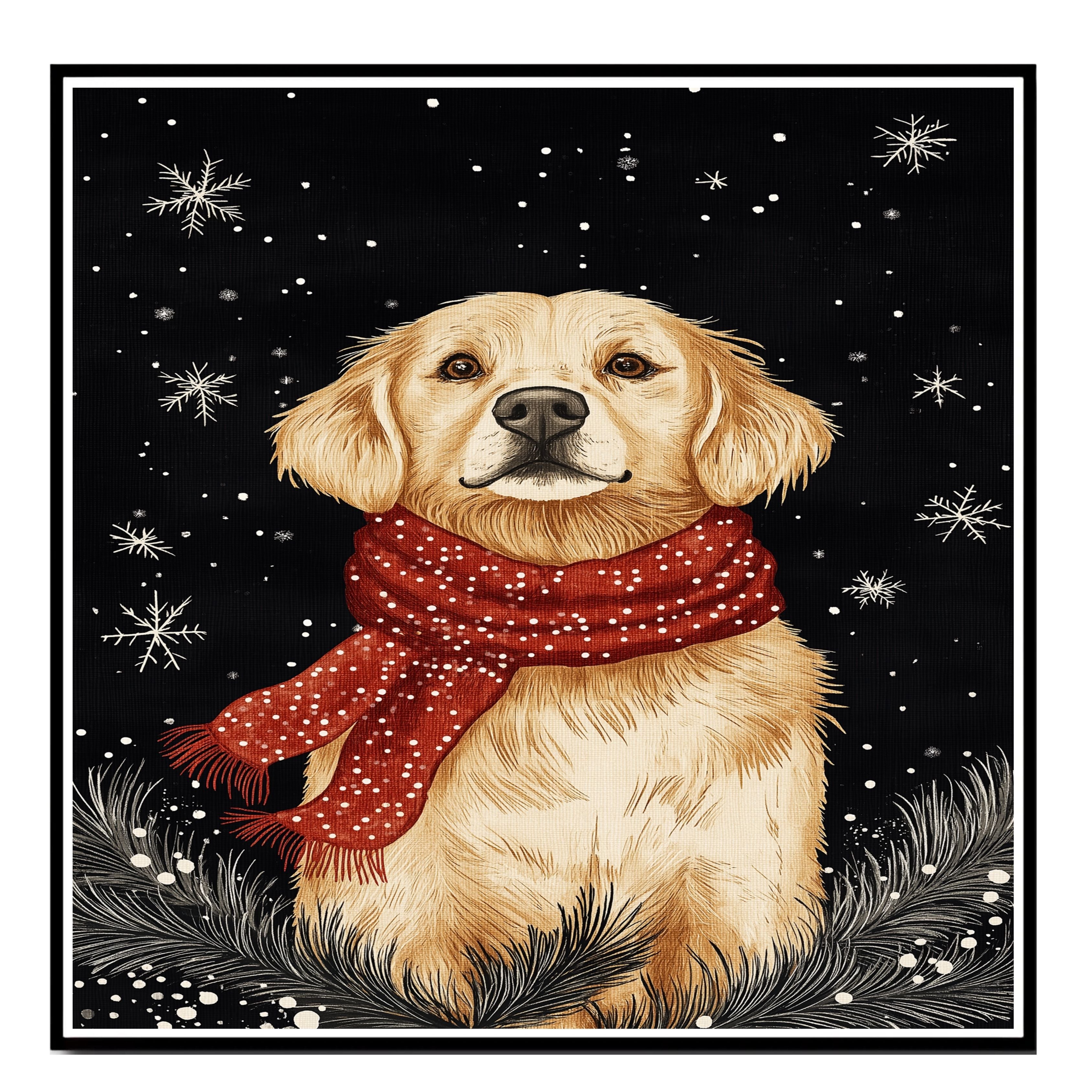 "Golden Winter Joy" - Golden Retriever in Red Scarf Sitting in Snow on Ready to Hang 1.5" Thick Canvas Wrap, Floating Framed Canvas, Flat Rolled Canvas