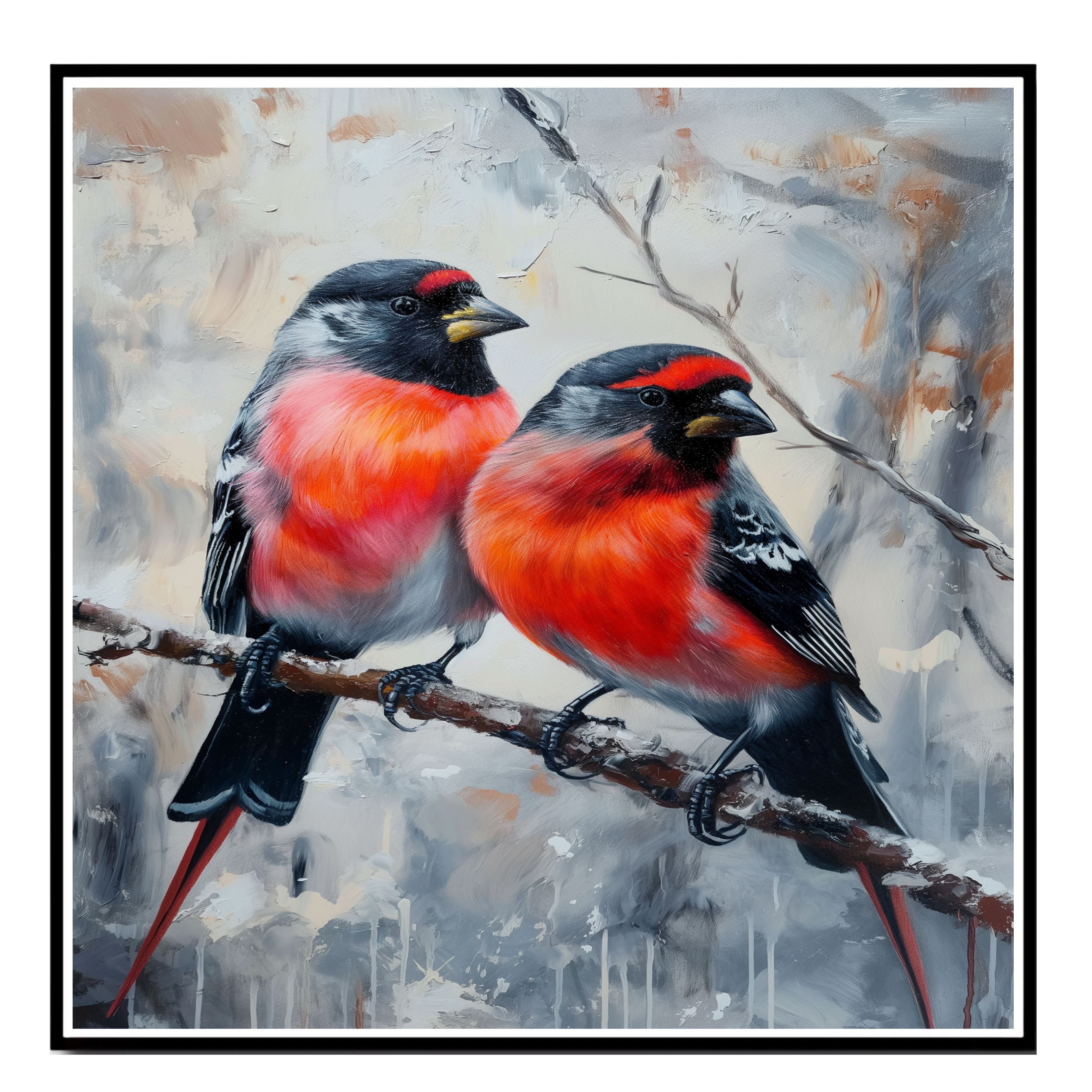 Colorful Bullfinches on Winter Branch Painting Print Featuring Red and Black Songbirds Perched in a Snowy Forest Scene with Artistic Background on Ready to Hang 1.5" Thick Canvas Wrap, Floating Framed Canvas, Flat Rolled Canvas