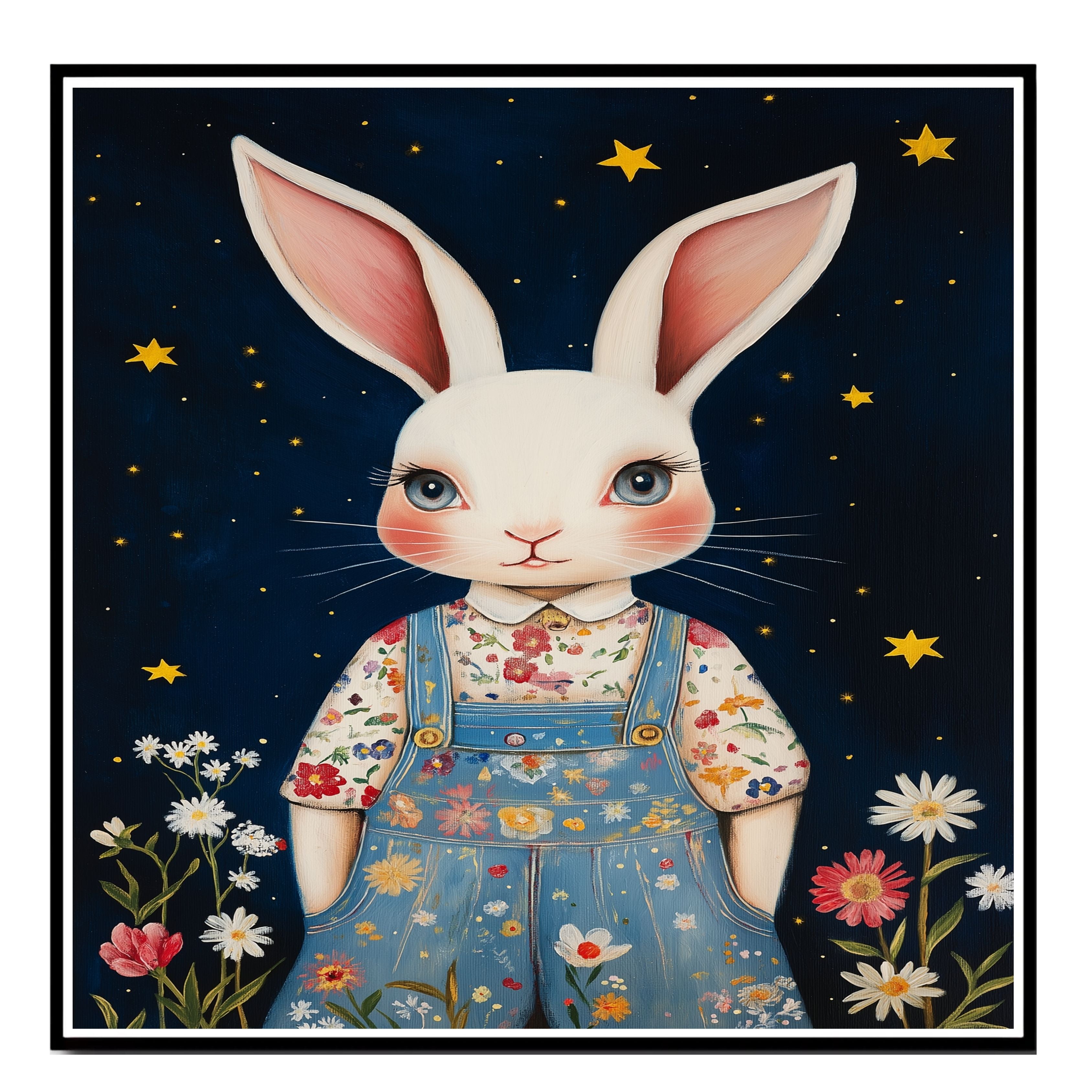 Adorable White Bunny in Floral Overalls Hand Painted Art Magical Starry Night Scene Perfect for Nursery Kids Room Home Wall Decor Bedroom or Gift on Ready to Hang 1.5" Thick Canvas Wrap, Floating Framed Canvas, Flat Rolled Canvas